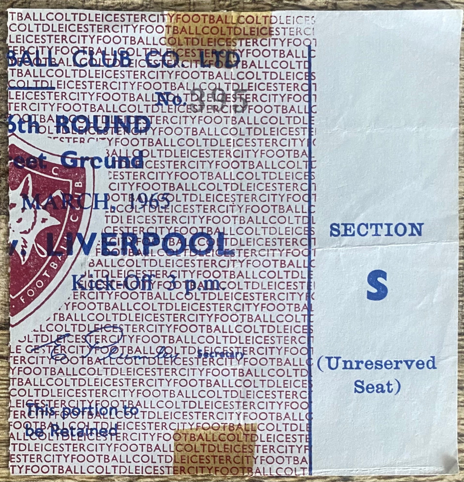 1964/65 ORIGINAL FA CUP 6TH ROUND TICKET LEICESTER CITY V LIVERPOOL