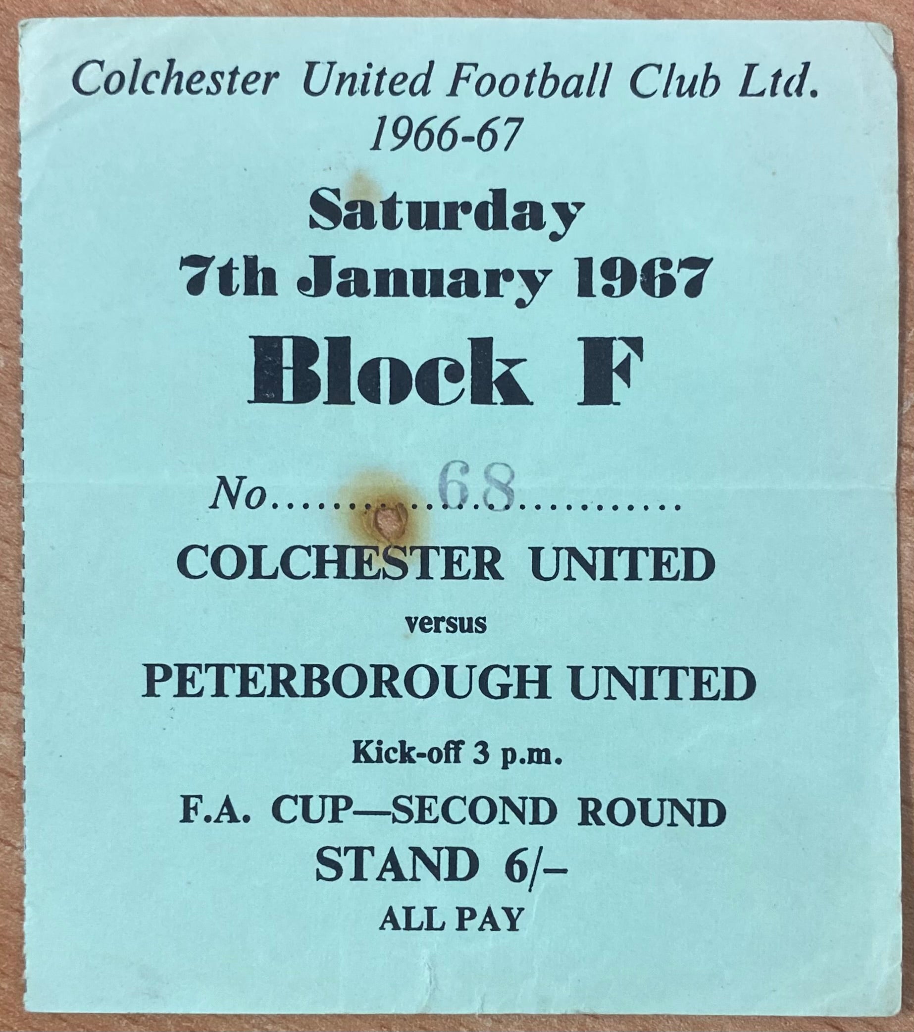 1966/67 ORIGINAL FA CUP 2ND ROUND TICKET COLCHESTER UNITED V PETERBOROUGH UNITED