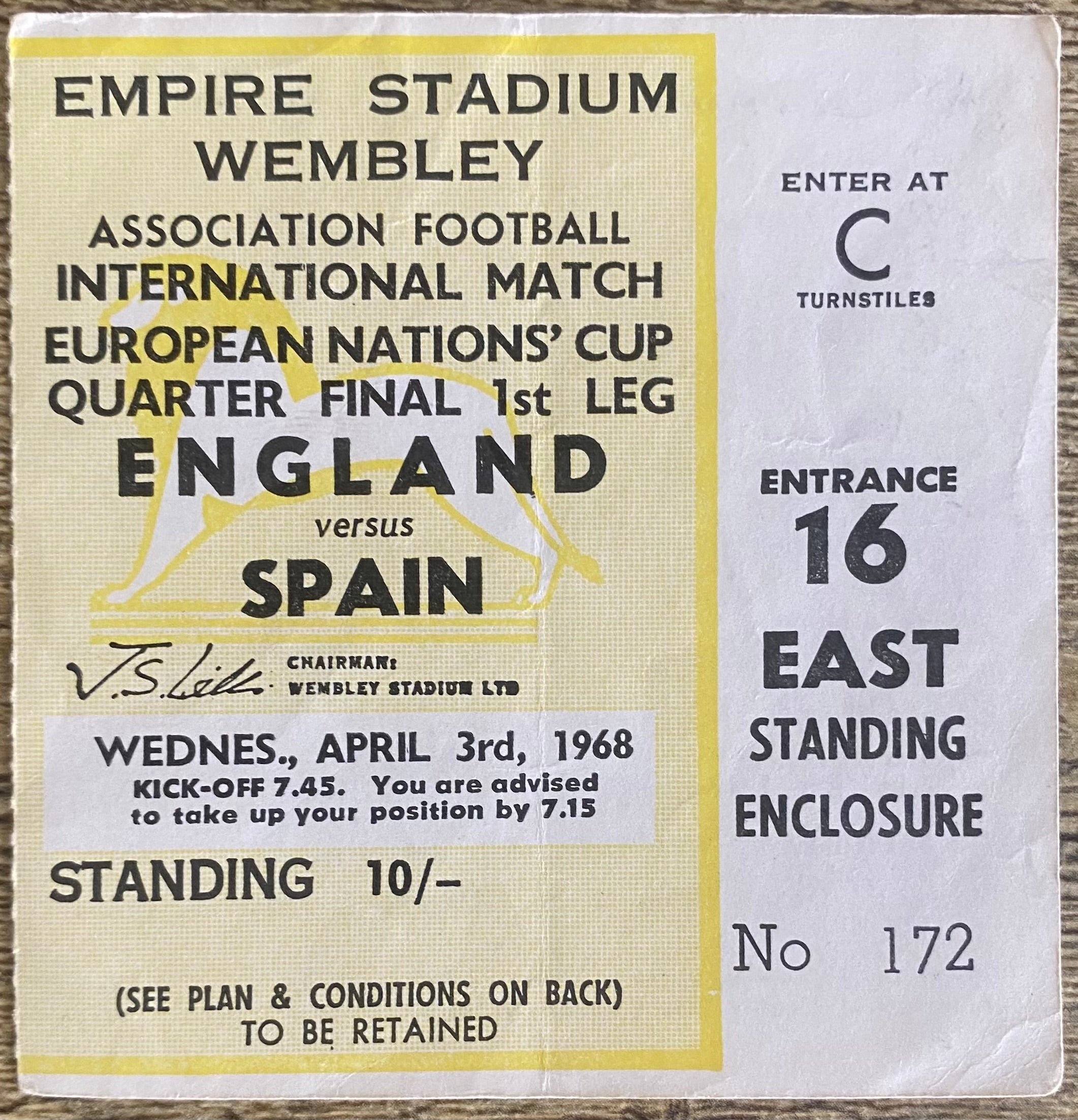 1968 ORIGINAL EUROPEAN NATIONS QUARTER FINAL 1ST LEG TICKET ENGLAND V SPAIN