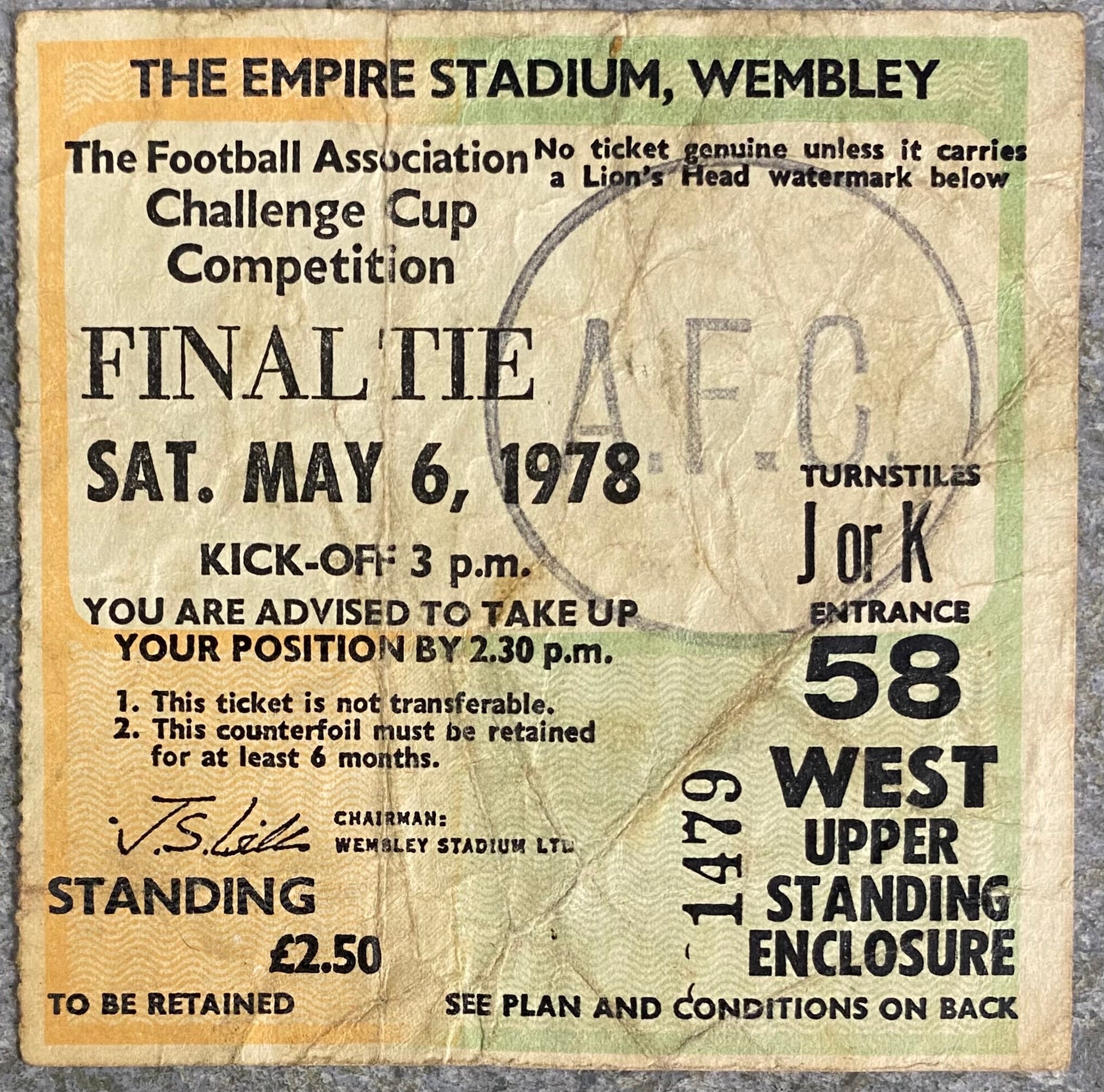 1978 ORIGINAL FA CUP FINAL TICKET IPSWICH TOWN V ARSENAL