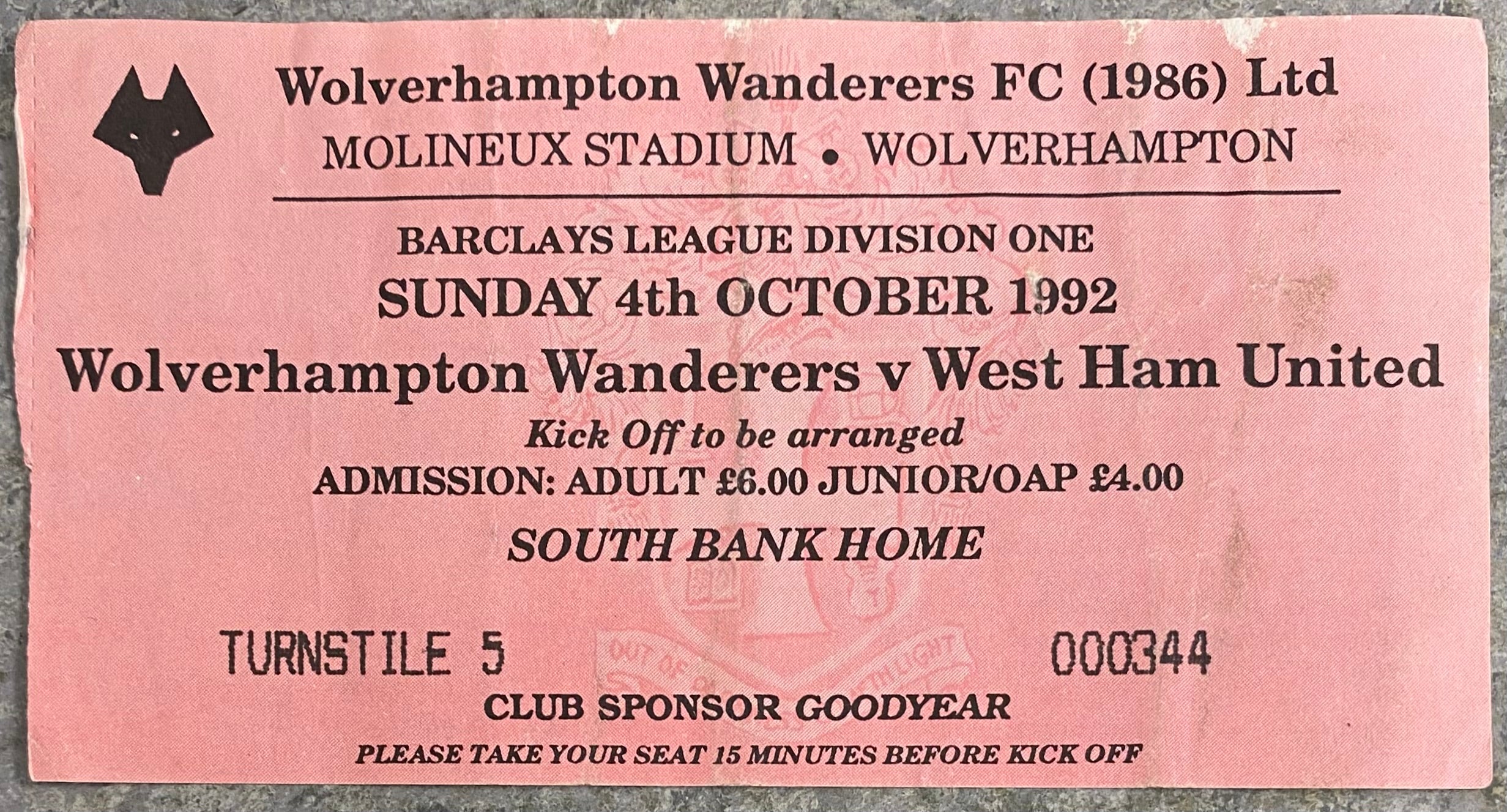 1992/93 ORIGINAL DIVISION 1 TICKET WOLVERHAMPTON WANDERERS V WEST HAM UNITED