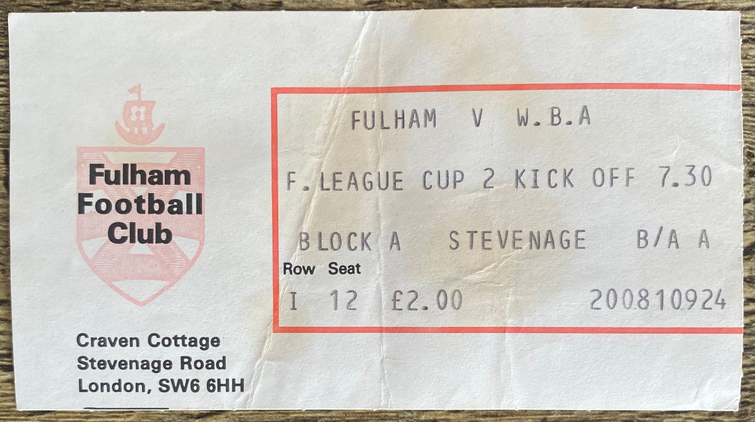 1979/80 ORIGINAL LEAGUE CUP 2ND ROUND 2ND LEG TICKET FULHAM V WEST BROMWICH ALBION