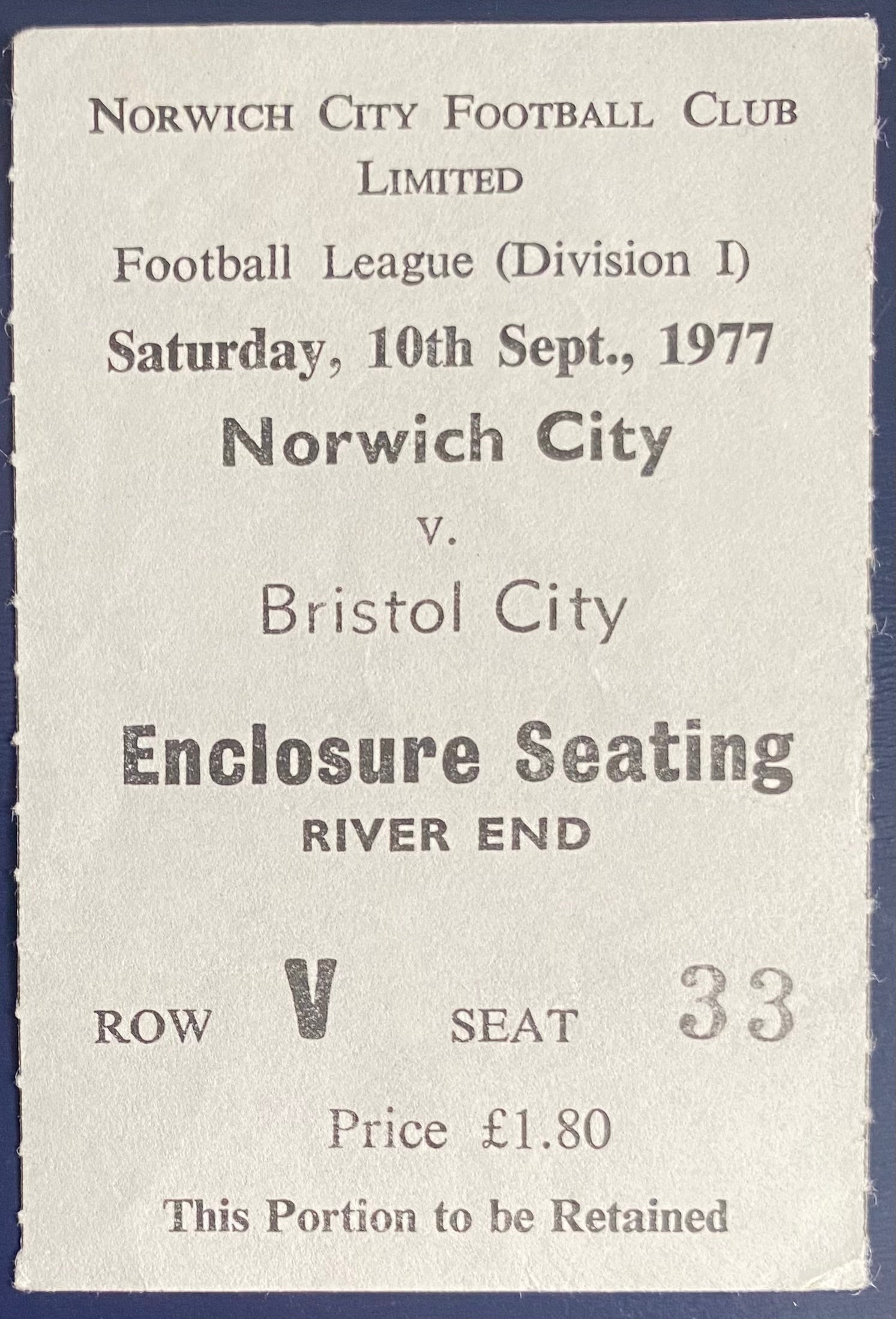 1977/78 ORIGINAL DIVISION 1 TICKET NORWICH CITY V BRISTOL CITY