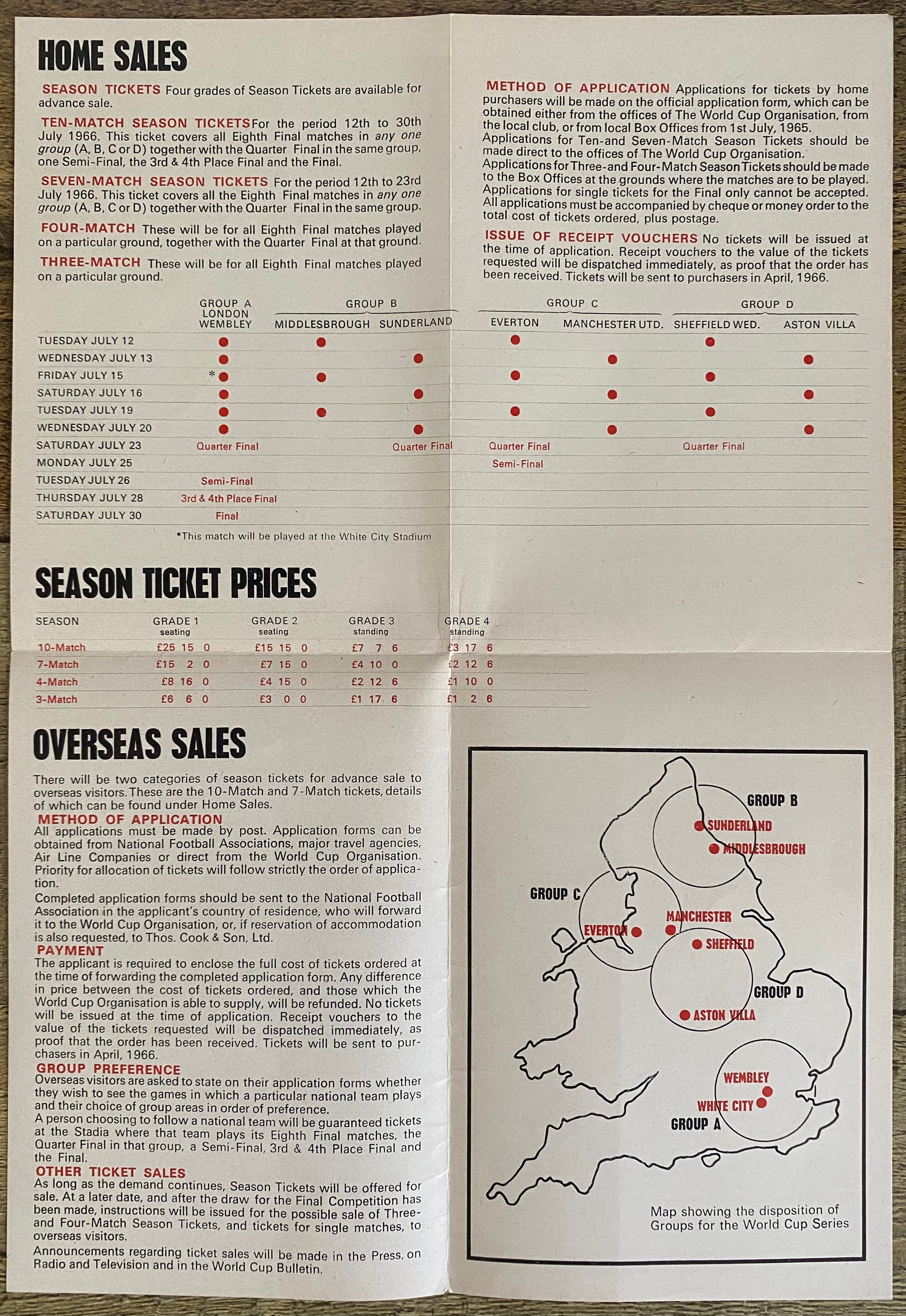 1966 WORLD CUP ORIGINAL OFFICIAL TICKET INFORMATION FOLD OUT BOOKLET