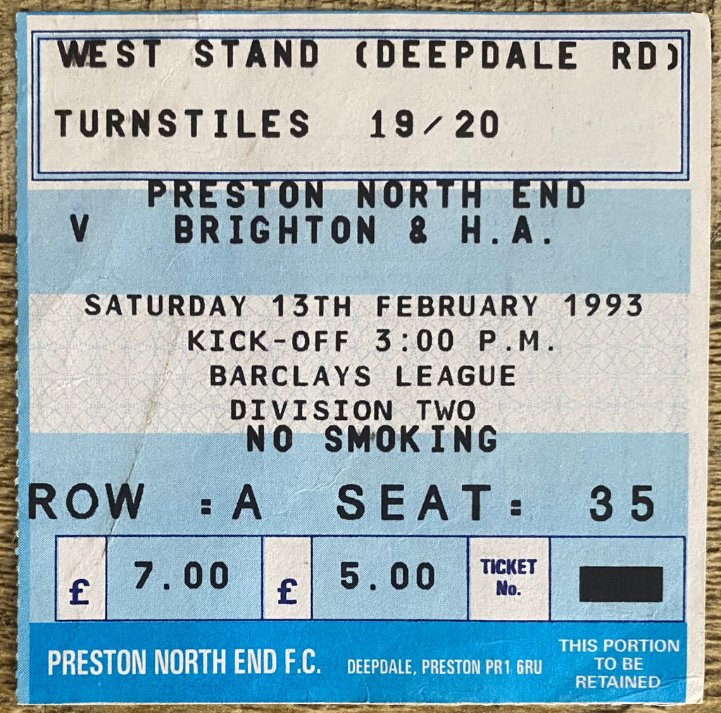 1992/93 ORIGINAL DIVISION 2 TICKET PRESTON NORTH END V BRIGHTON AND HOVE ALBION