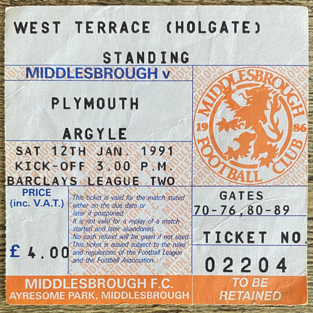 1990/91 ORIGINAL DIVISION 1 TICKET MIDDLESBROUGH V PLYMOUTH ARGYLE