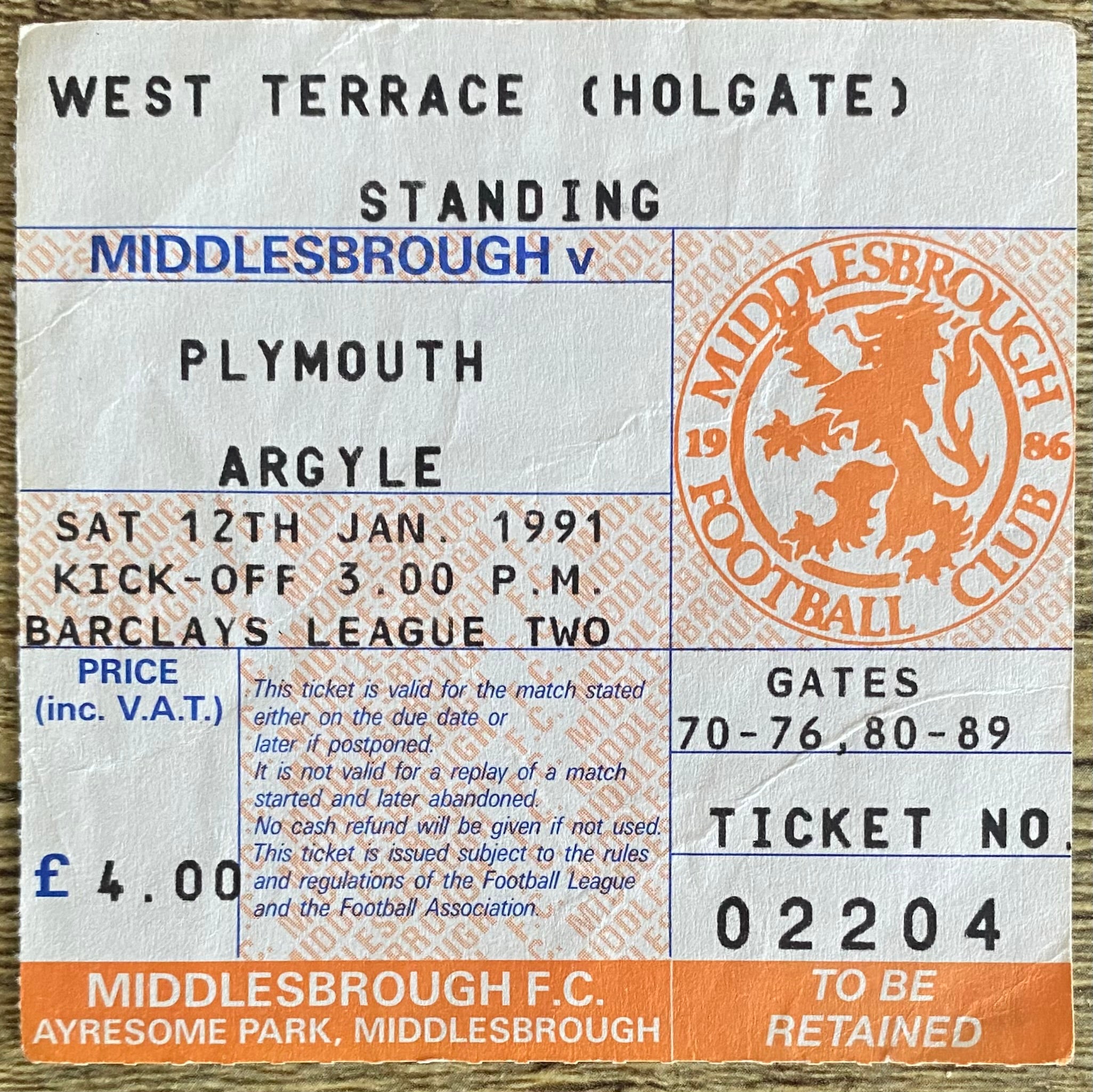1990/91 ORIGINAL DIVISION 1 TICKET MIDDLESBROUGH V PLYMOUTH ARGYLE