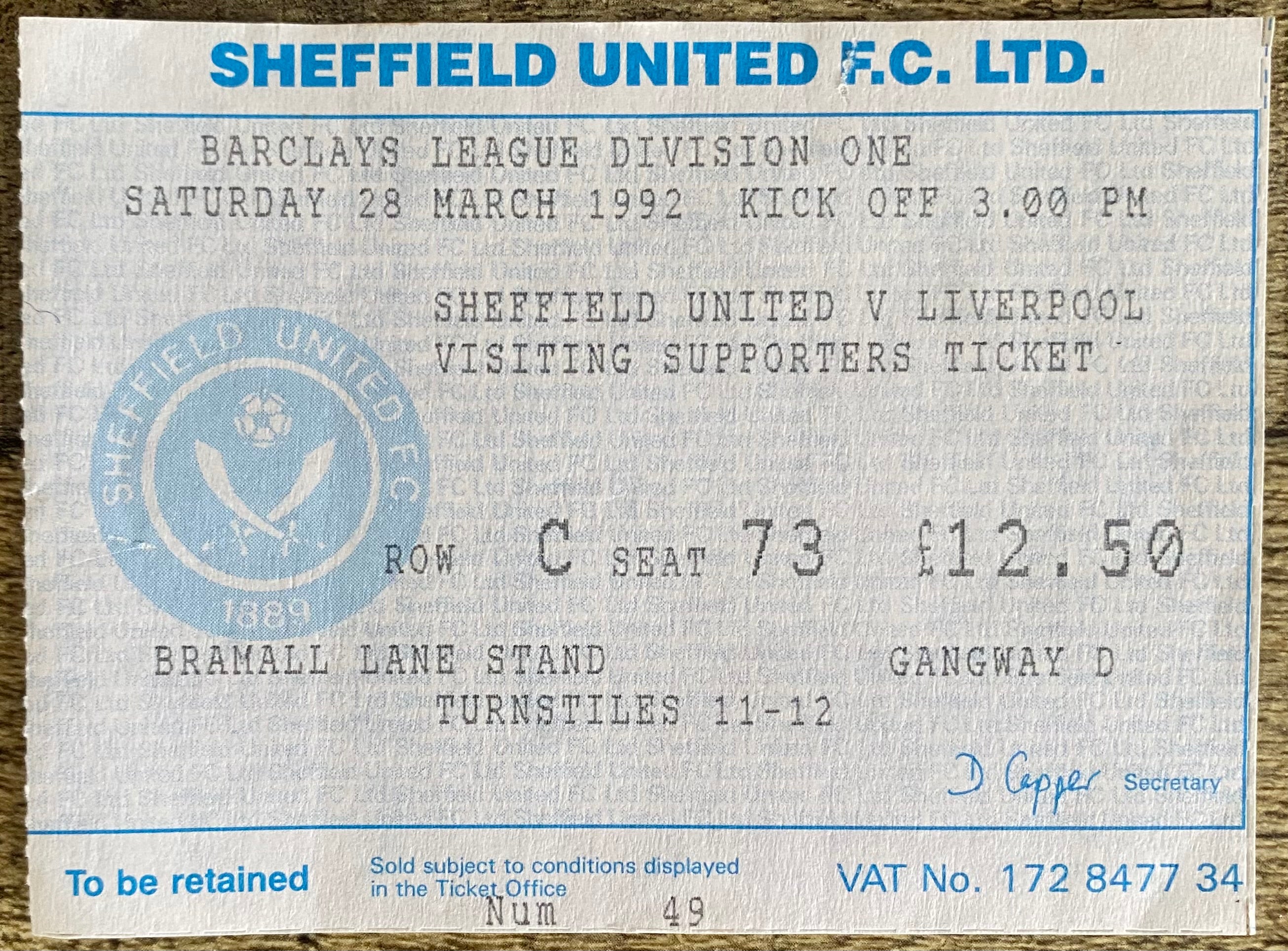 1991/92 ORIGINAL DIVISION 1 TICKET  SHEFFIELD UNITED V LIVERPOOL