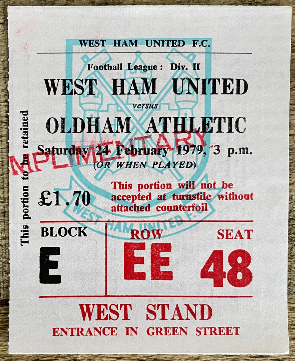 1978/79 ORIGINAL DIVISION 2 TICKET WEST HAM UNITED V OLDHAM ATHLETIC