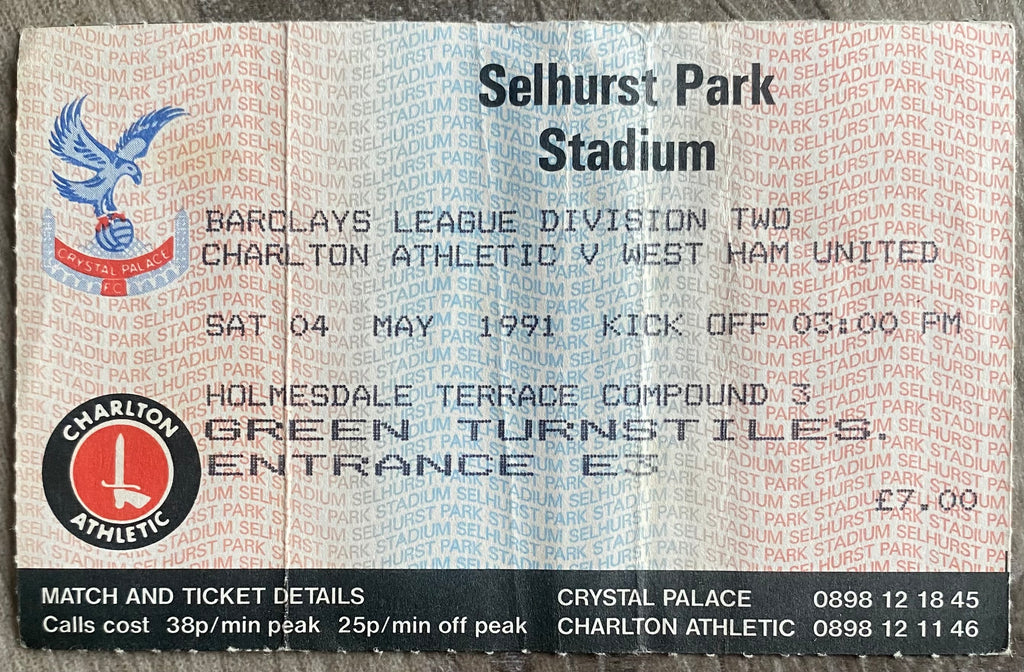 1990/91 ORIGINAL DIVISION 2 TICKET CHARLTON ATHLETIC V WEST HAM UNITED