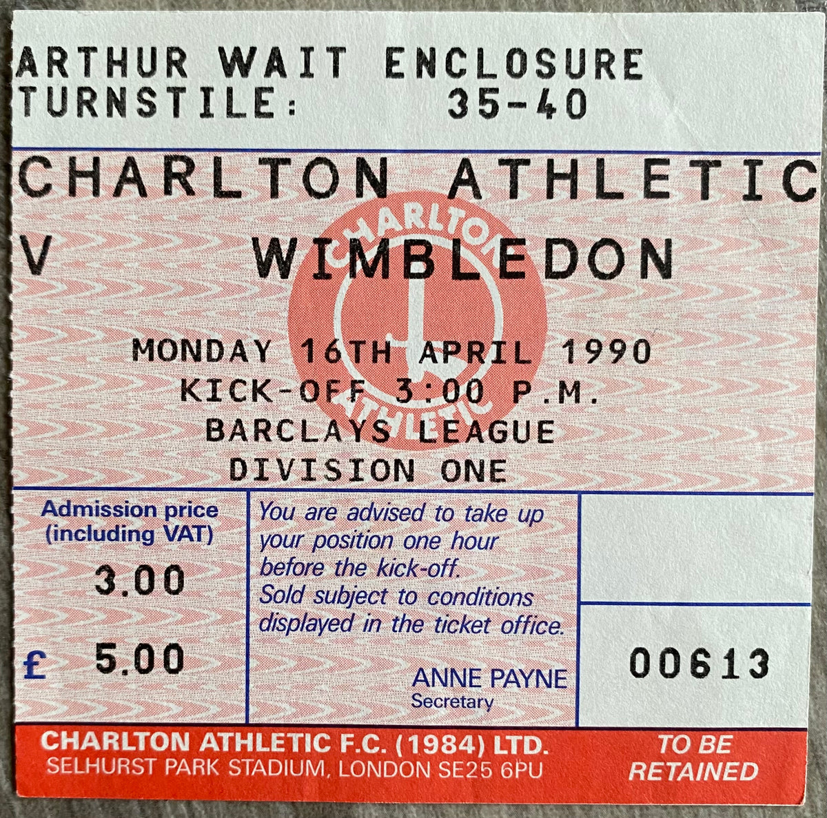 1989/90 ORIGINAL DIVISION ONE TICKET CHARLTON ATHLETIC V WIMBLEDON