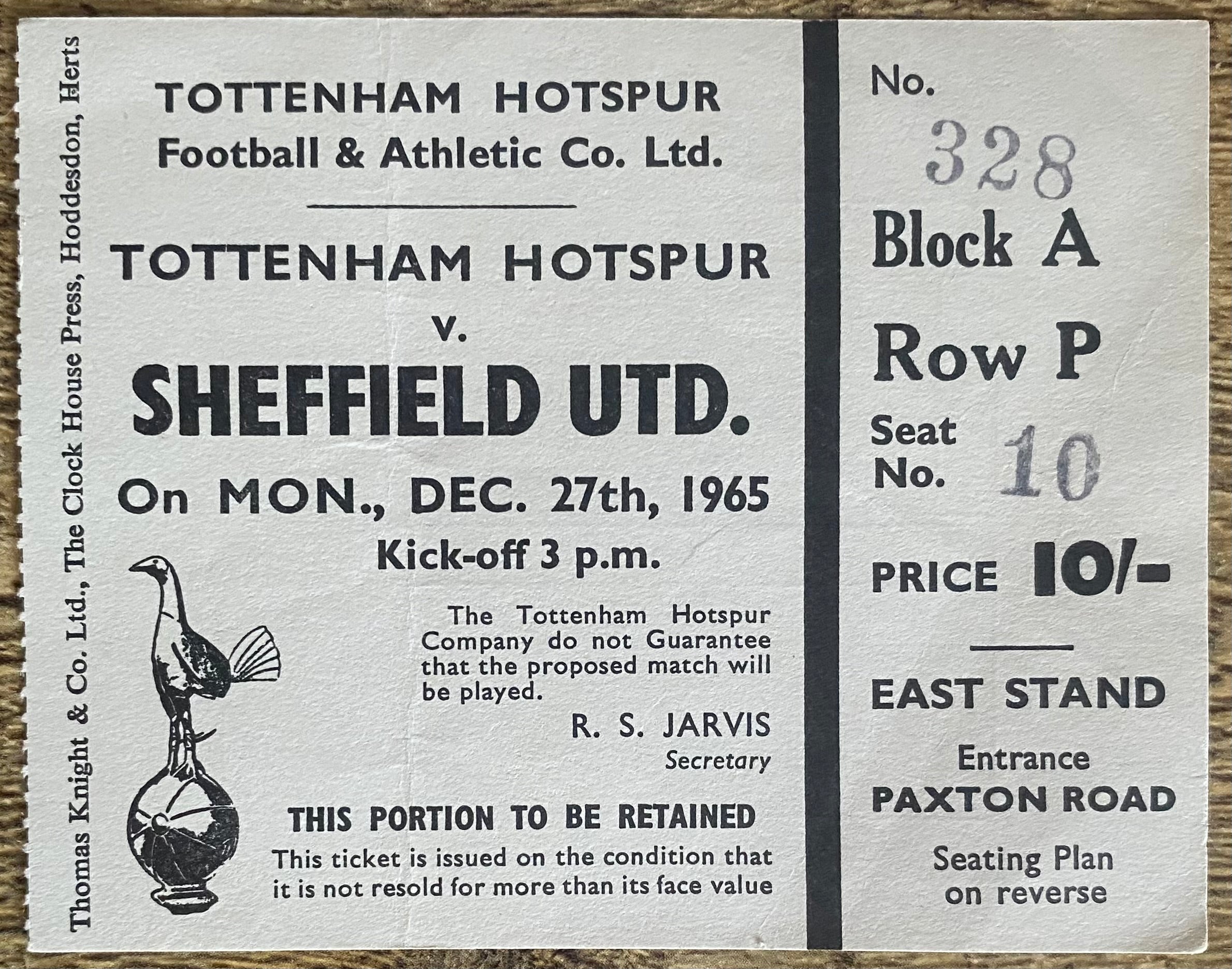 1965/66 ORIGINAL DIVISION ONE TICKET TOTTENHAM HOTSPUR V SHEFFIELD UNITED