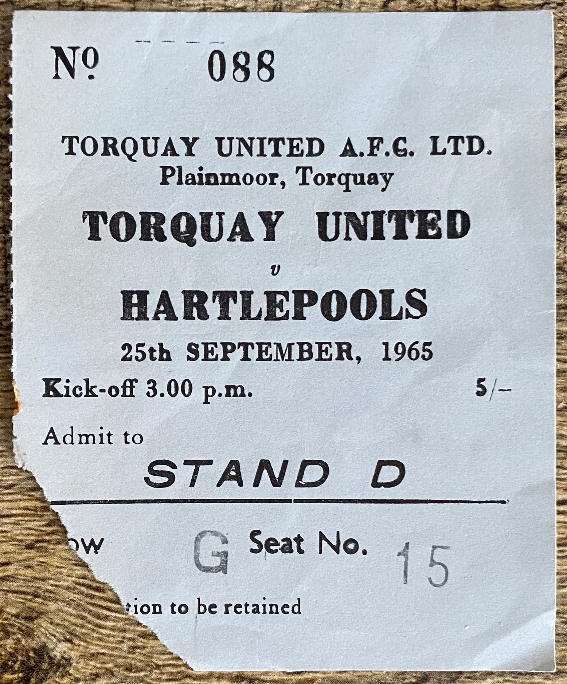 1965/66  ORIGINAL DIVISION 3 TICKET TORQUAY UNITED V HARTLEPOOLS UNITED