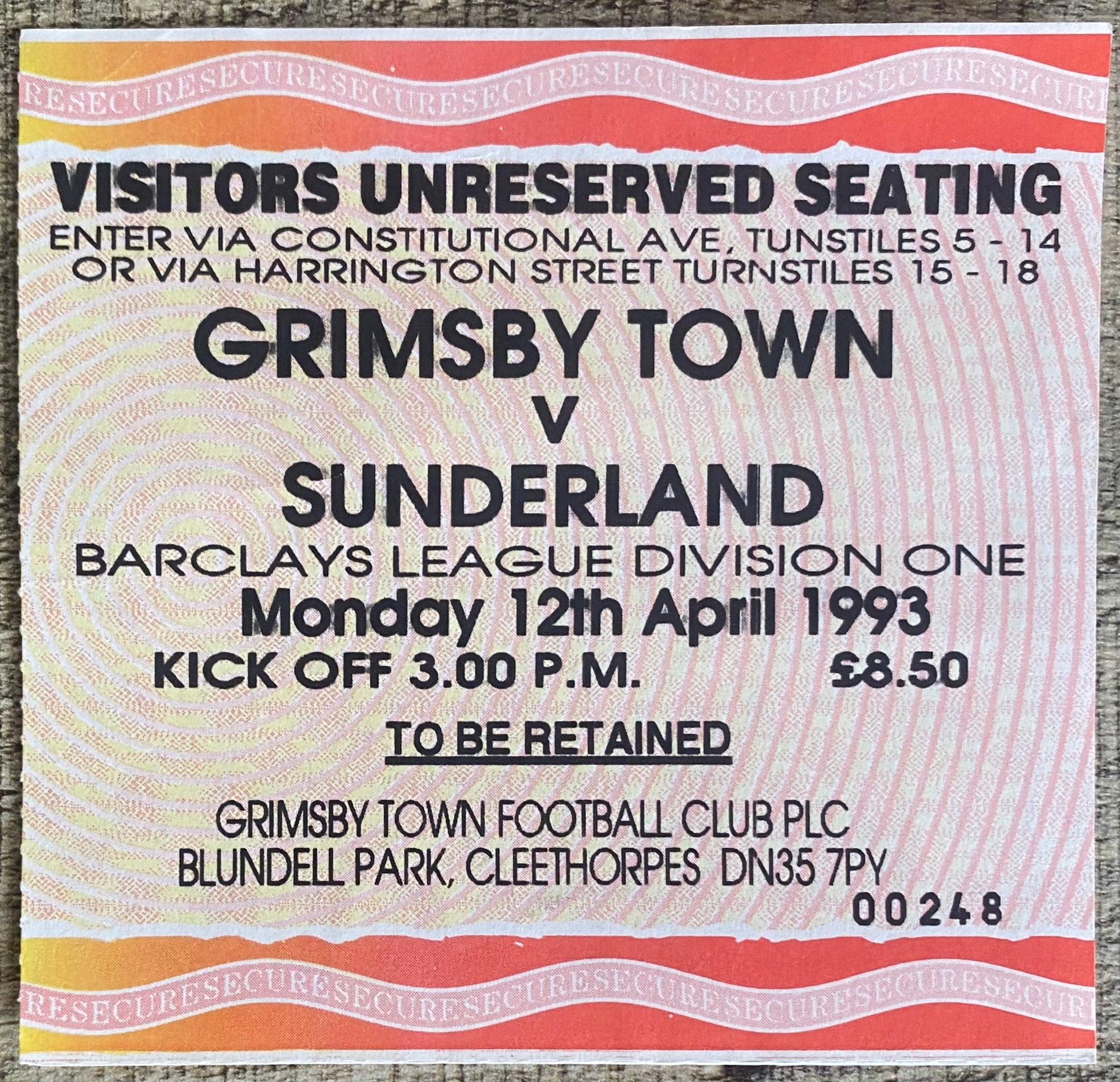 1992/93 ORIGINAL DIVISION 1 TICKET GRIMSBY TOWN V SUNDERLAND