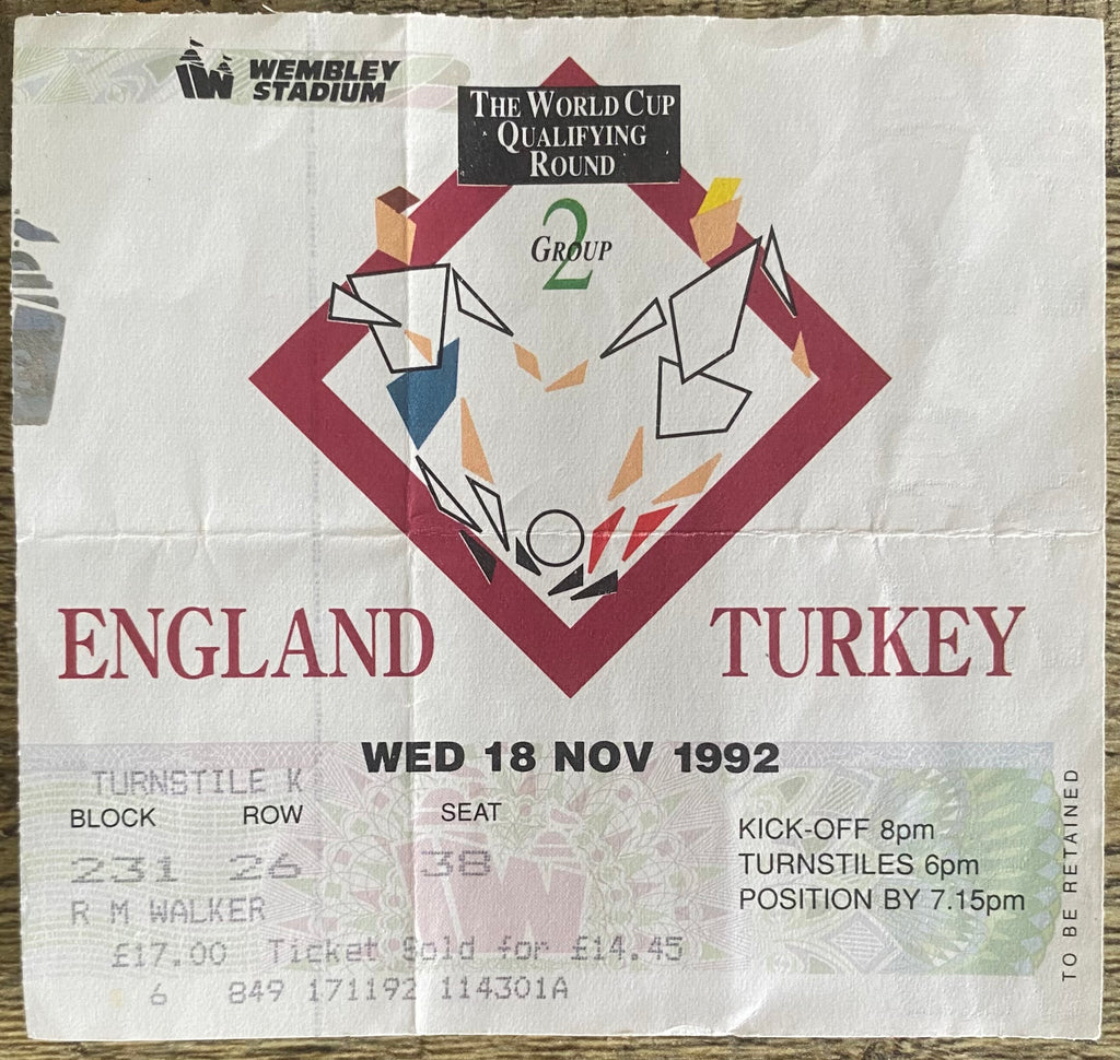 1992 ORIGINAL WORLD CUP QUALIFYING TICKET ENGLAND V TURKEY