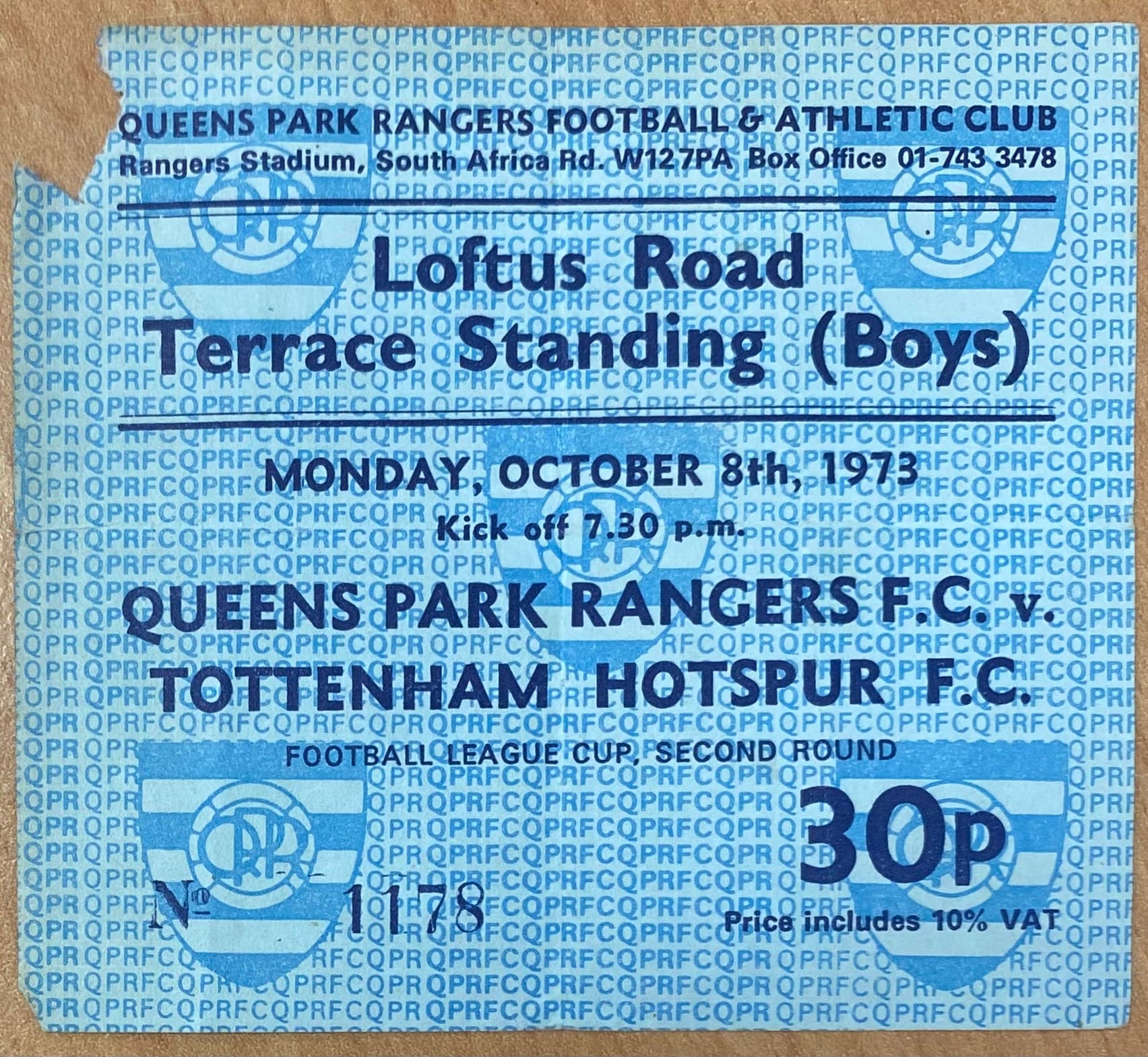 1973/74 ORIGINAL LEAGUE CUP 2ND ROUND TICKET QUEENS PARK RANGERS V TOTTENHAM HOTSPUR