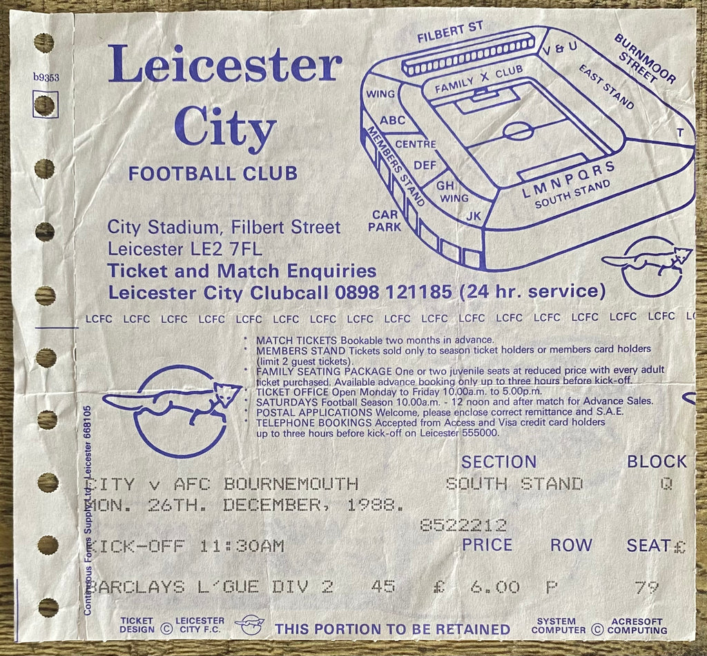 1988/89 ORIGINAL DIVISION TWO TICKET LEICESTER CITY V AFC BOURNEMOUTH