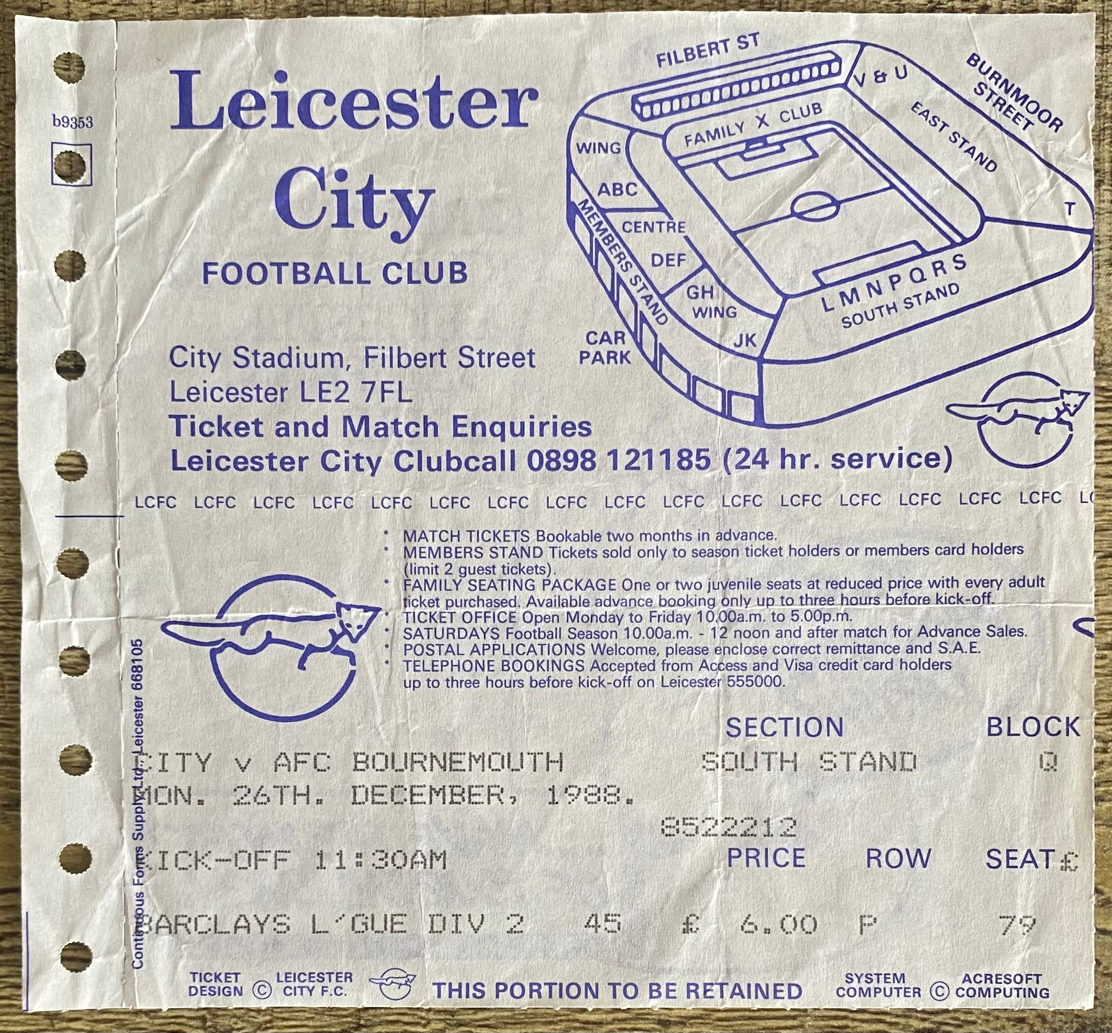 1988/89 ORIGINAL DIVISION TWO TICKET LEICESTER CITY V AFC BOURNEMOUTH