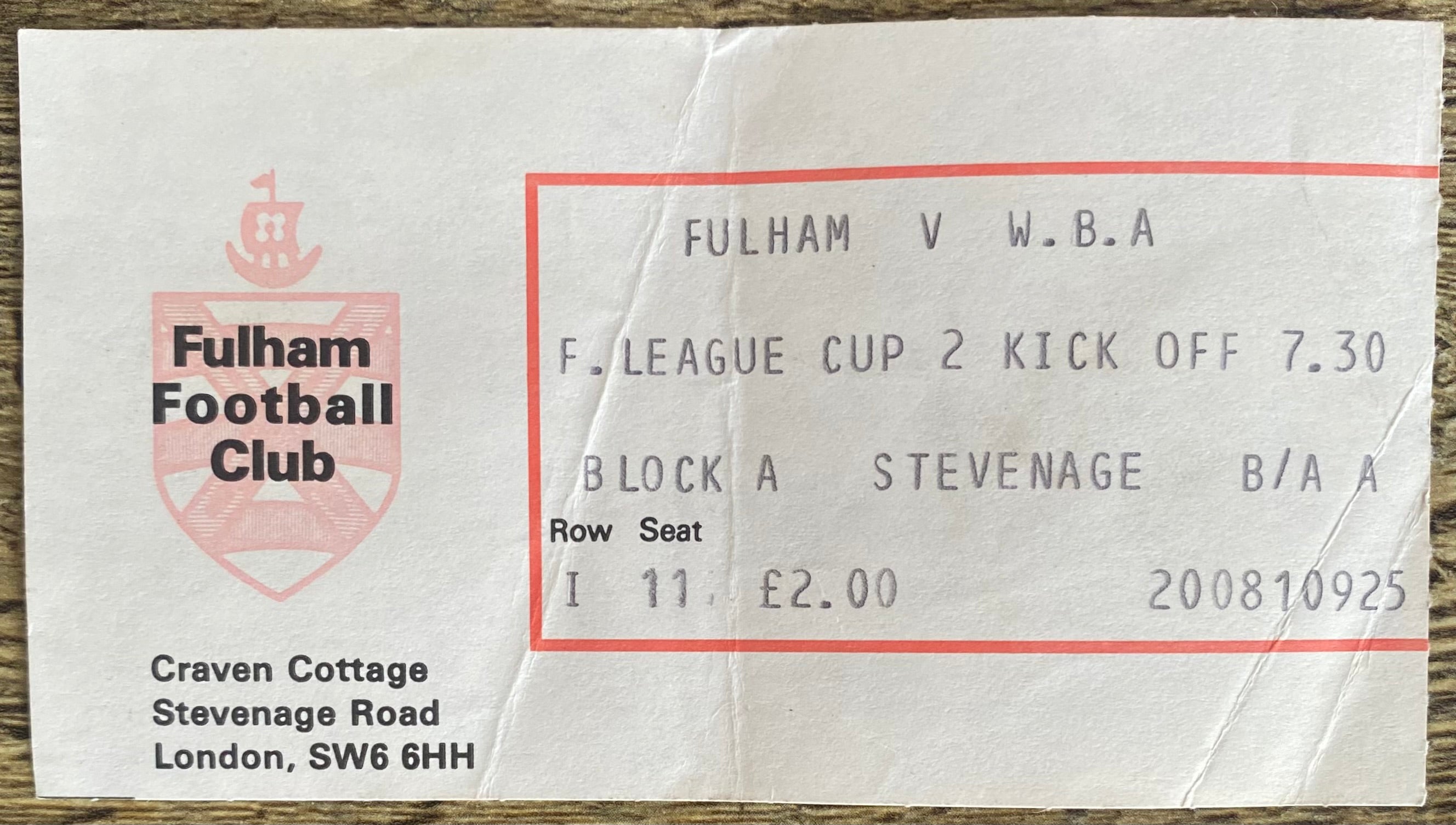 1979/80 ORIGINAL LEAGUE CUP 2ND ROUND 2ND LEG TICKET FULHAM V WEST BROMWICH ALBION