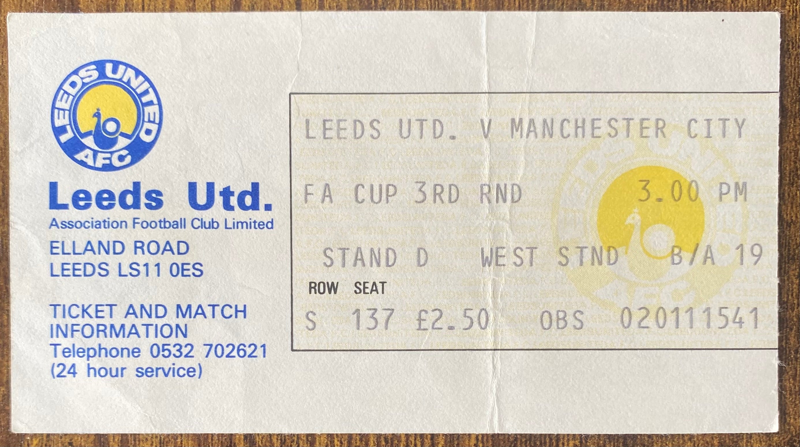 1977/78 ORIGINAL FA CUP 3RD ROUND TICKET LEEDS UNITED V MANCHESTER CITY