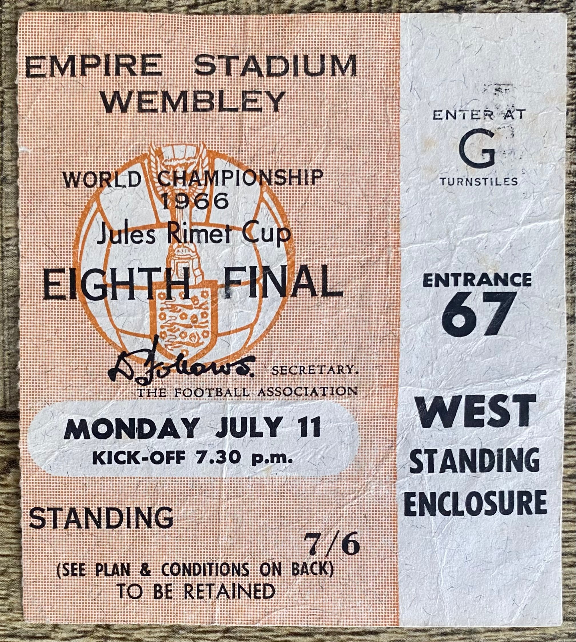 1966 ORIGINAL WORLD CUP 1ST ROUND TICKET ENGLAND V URUGUAY @ WEMBLEY