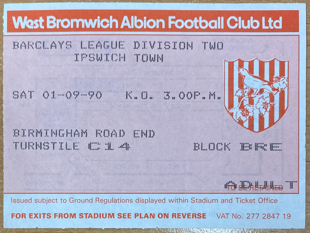 1990/91 ORIGINAL DIVISION 2 TICKET WEST BROMWICH ALBION V IPSWICH TOWN