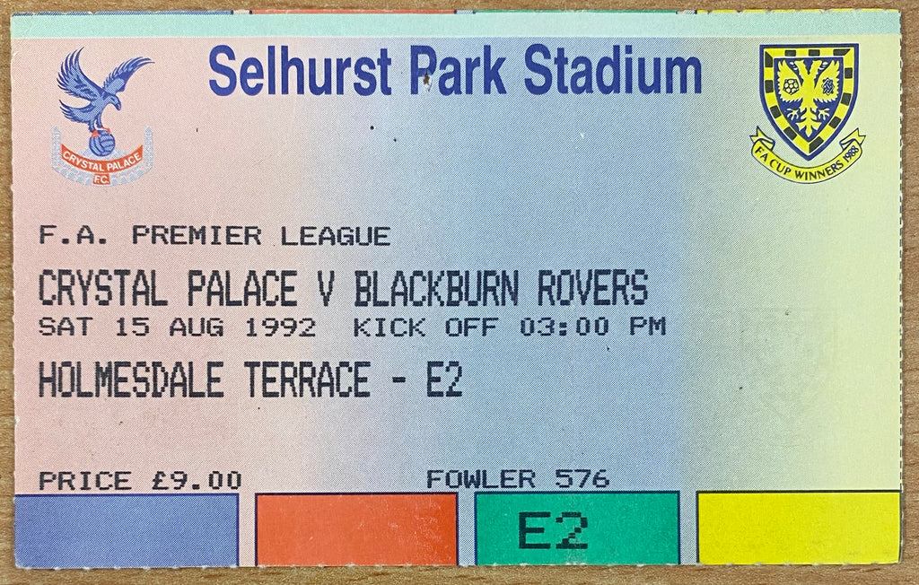 1992/93 ORIGINAL PREMIER LEAGUE TICKET CRYSTAL PALACE V BLACKBURN ROVERS