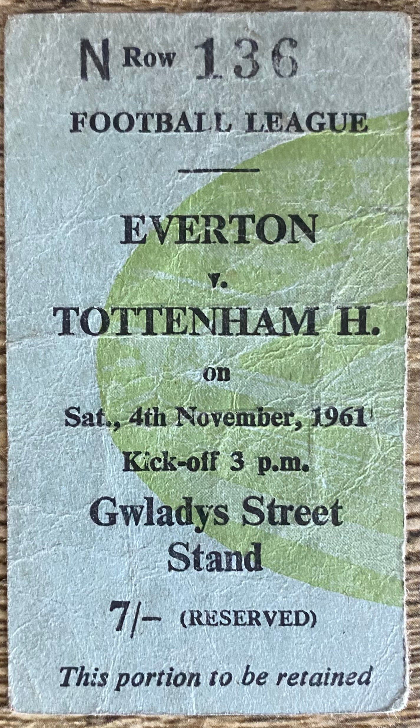 1961/62 ORIGINAL DIVISION ONE TICKET EVERTON V TOTTENHAM HOTSPUR