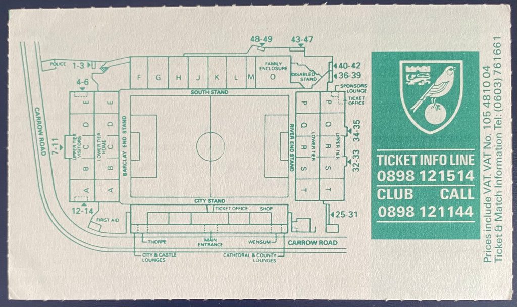 1992/93 ORIGINAL FA PREMIER LEAGUE TICKET NORWICH CITY V ASTON VILLA