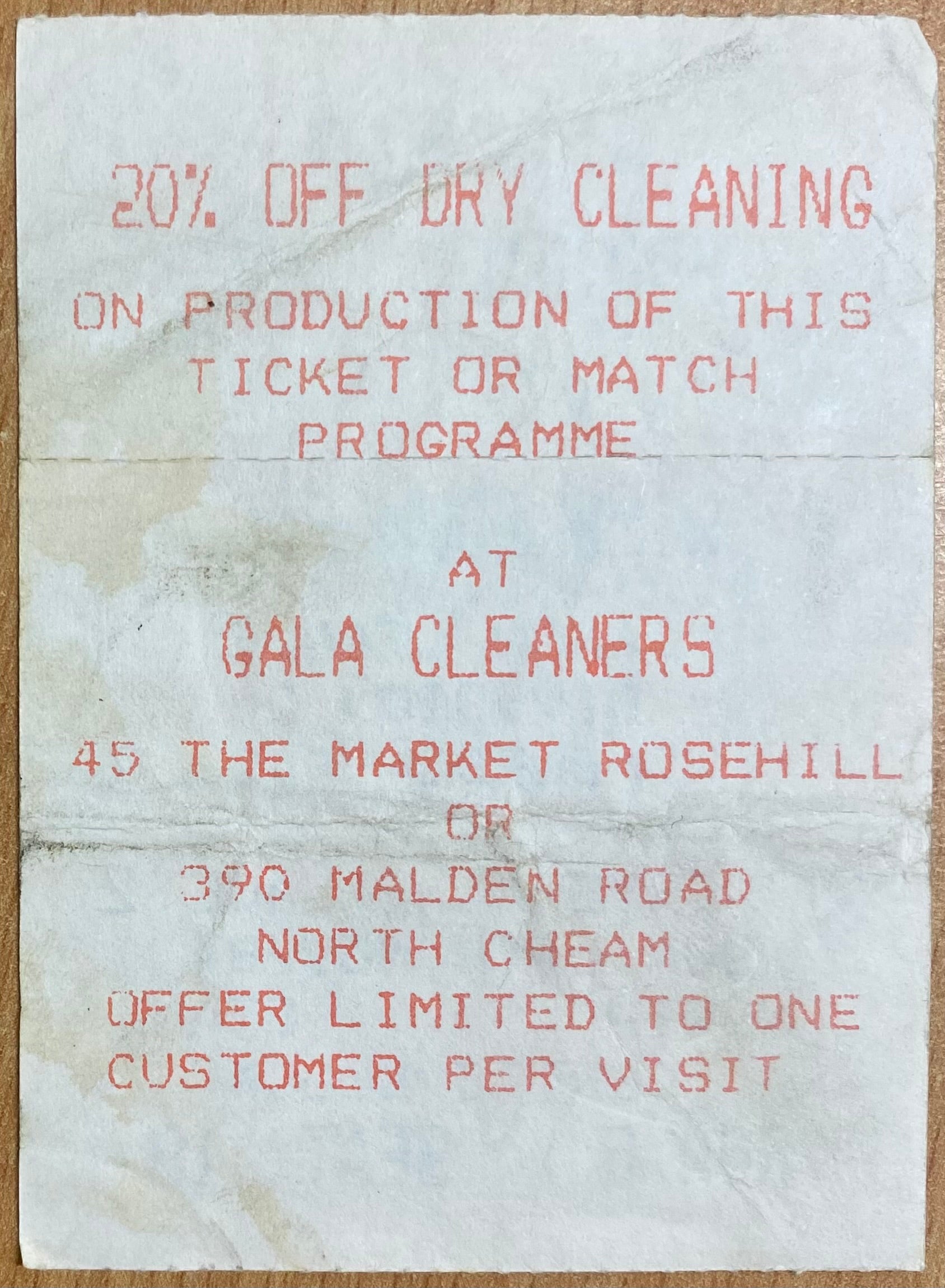 1984/85 ORIGINAL DIVISION 2 TICKET WIMBLEDON V CRYSTAL PALACE