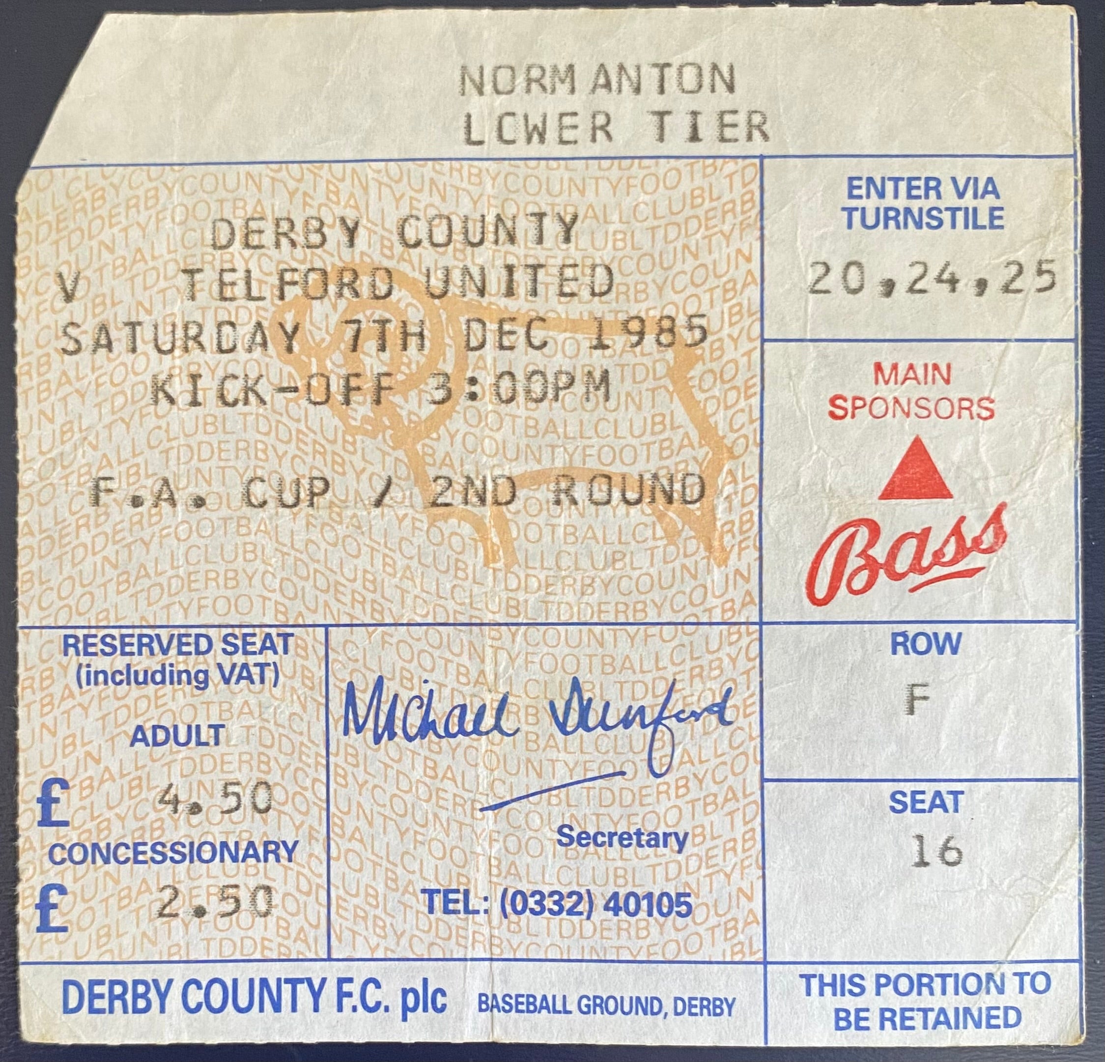 1985/86 ORIGINAL FA CUP 2ND ROUND TICKET DERBY COUNTY V TELFORD UNITED