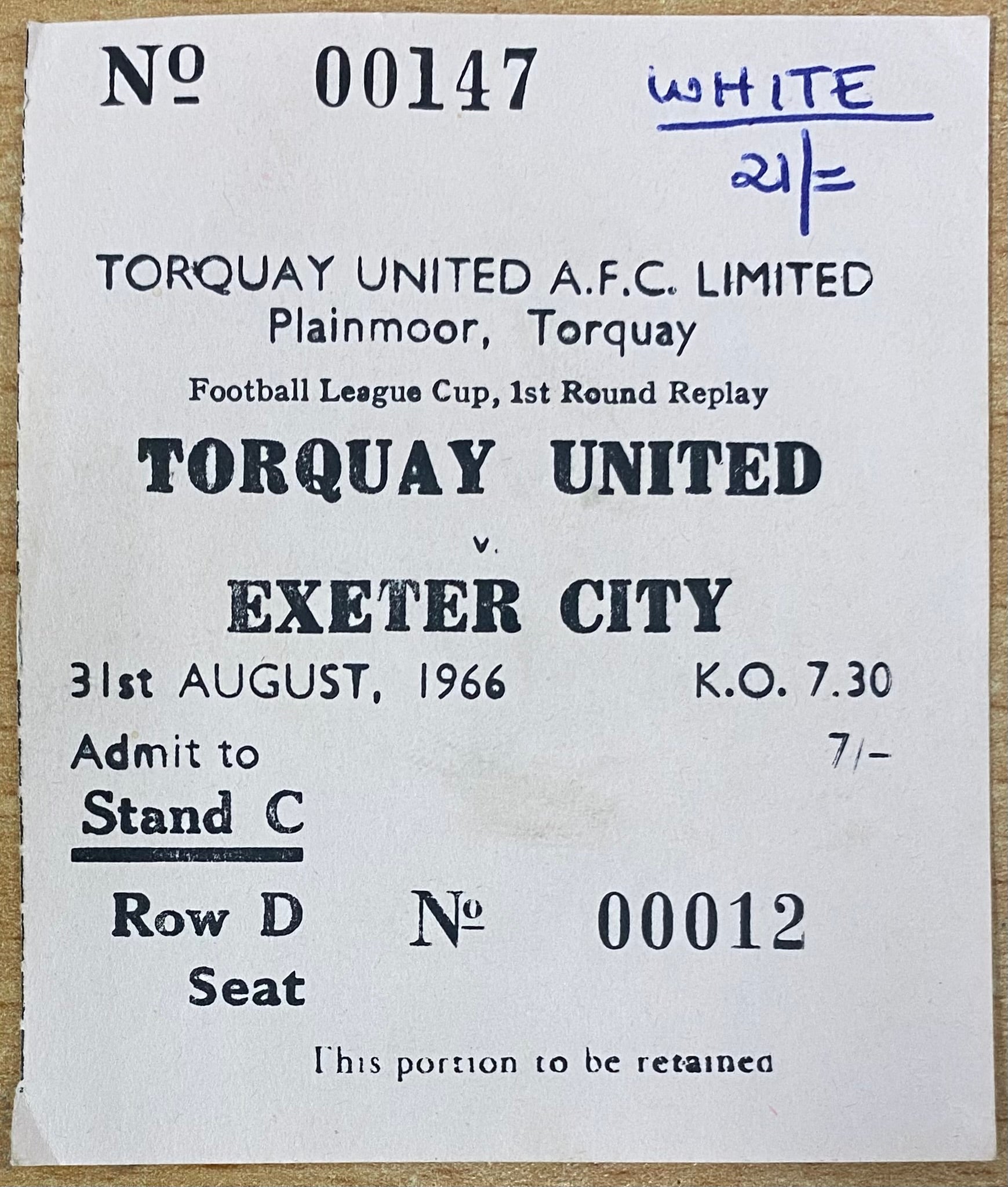 1966/67 ORIGINAL LEAGUE CUP 1ST ROUND REPLAY TICKET TORQUAY UNITED V EXETER CITY