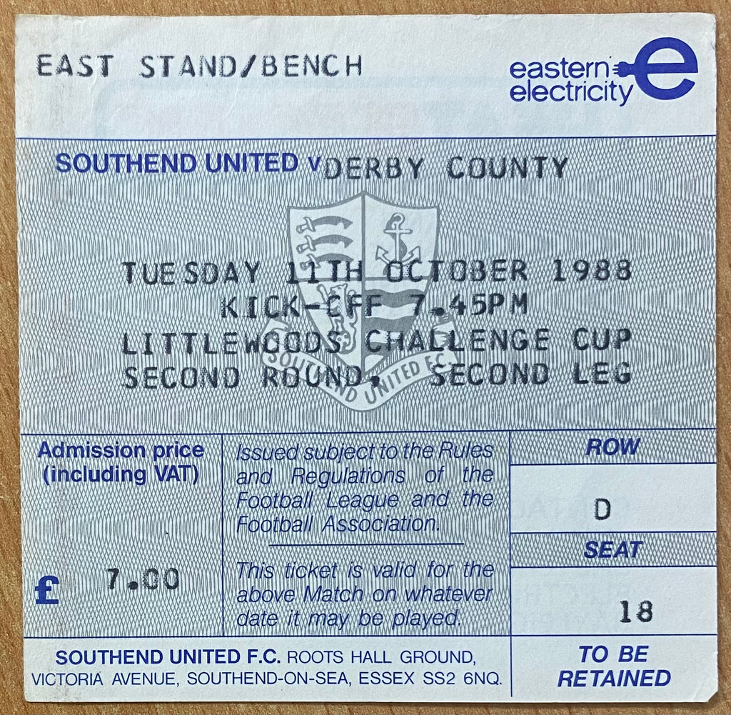 1988/89 ORIGINAL LITTLEWOODS CUP 2ND ROUND 2ND LEG TICKET SOUTHEND UNITED V DERBY COUNTY