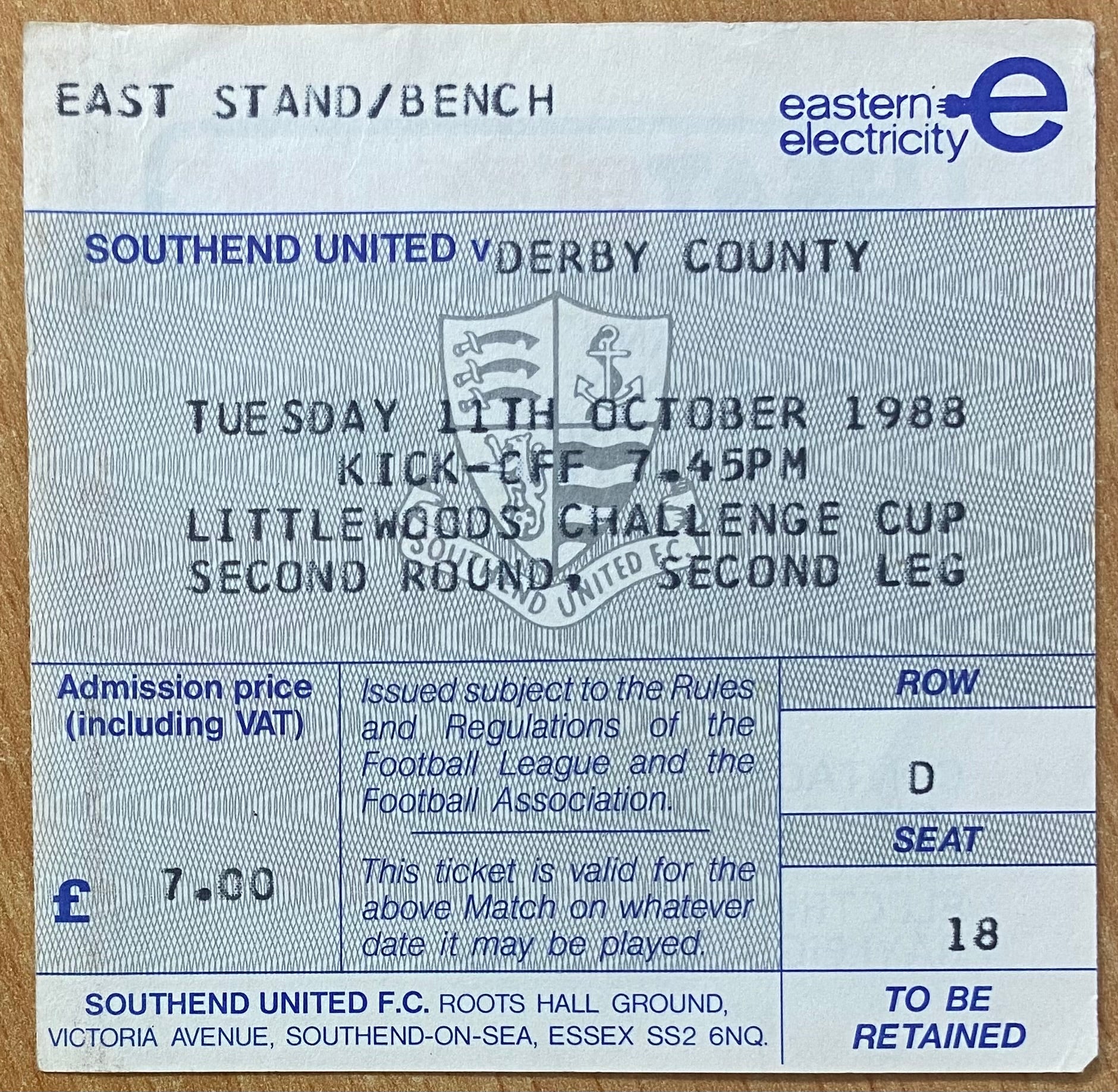 1988/89 ORIGINAL LITTLEWOODS CUP 2ND ROUND 2ND LEG TICKET SOUTHEND UNITED V DERBY COUNTY