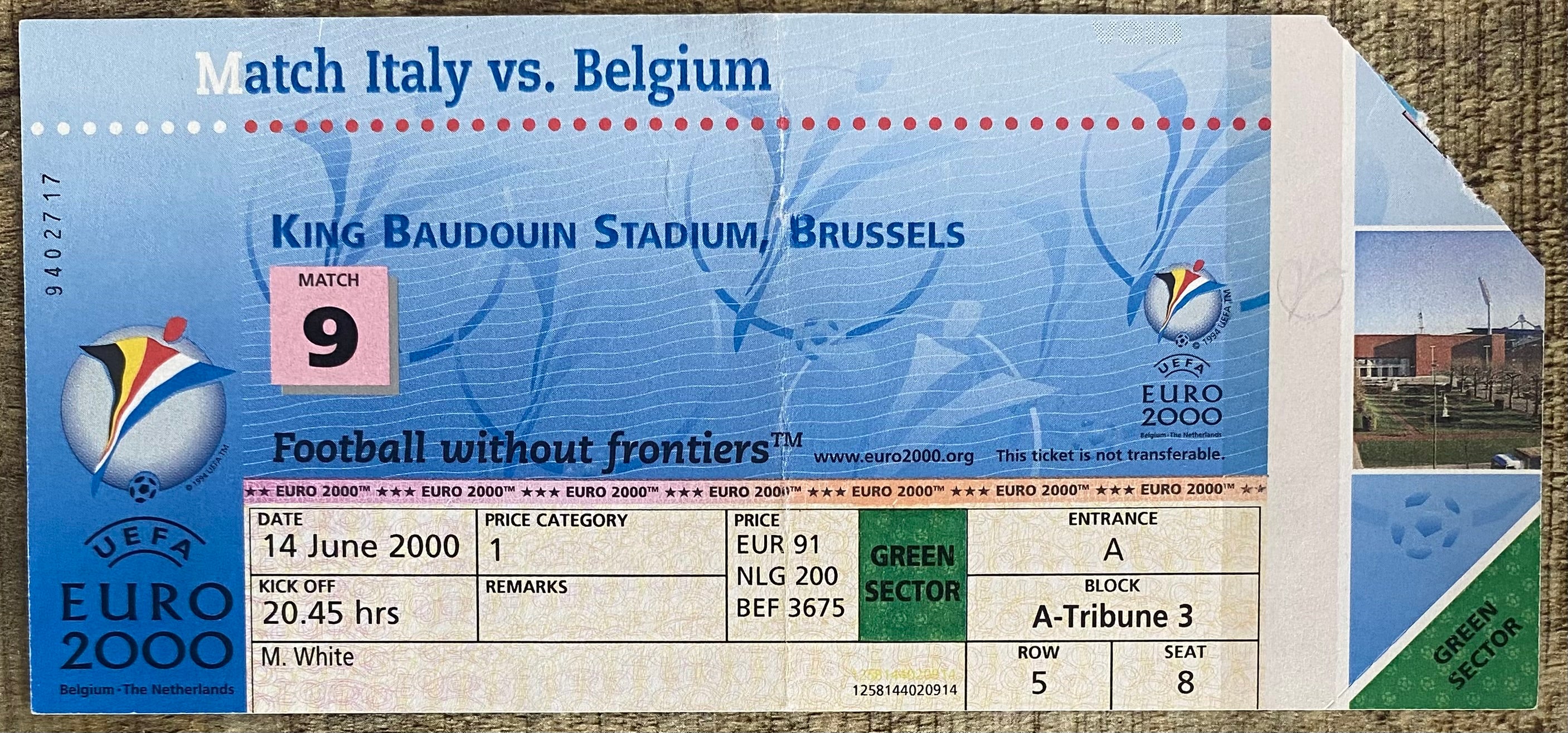 2000 ORIGINAL EUROPEAN CHAMPIONSHIPS EURO 2000 TICKET ITALY V BELGIUM @ BRUSSELS