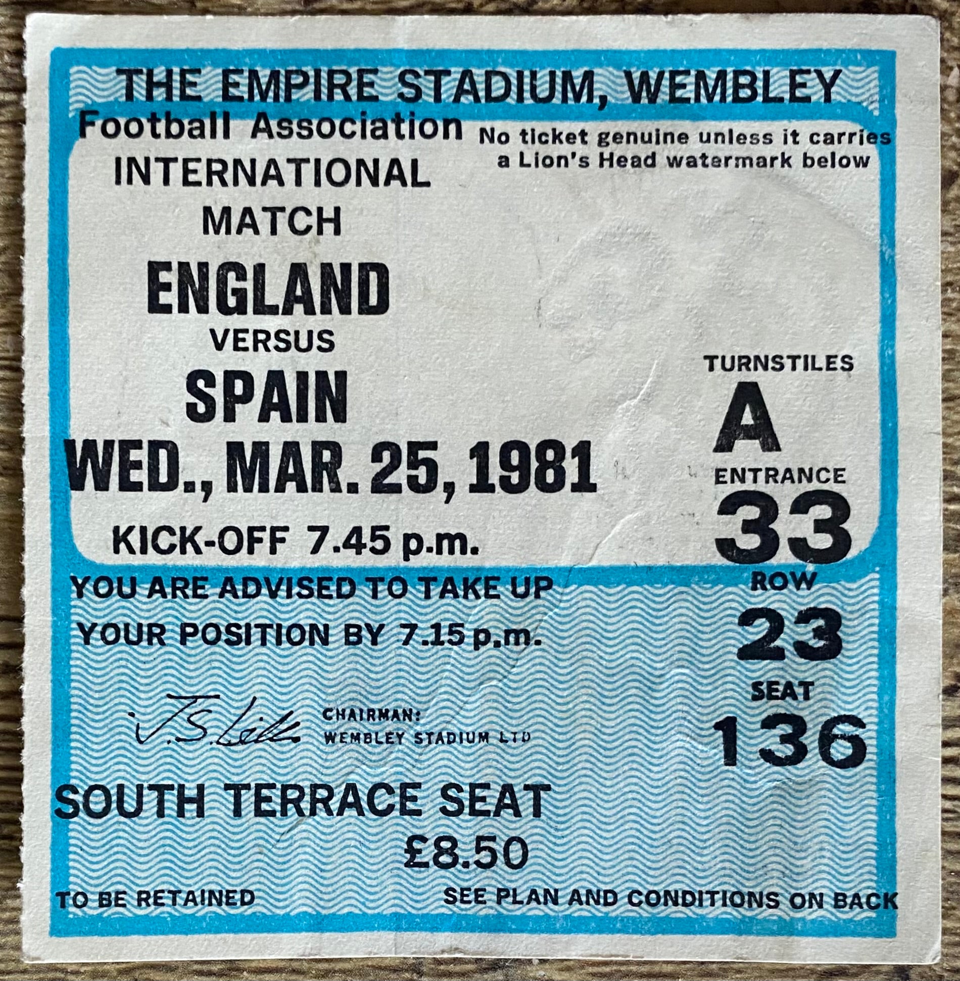 1981 ORIGINAL INTERNATIONAL TICKET ENGLAND V SPAIN
