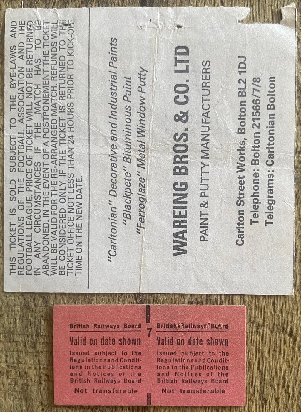 1979/80 ORIGINAL DIVISION ONE TICKET BOLTON WANDERERS V MANCHESTER CITY AND RAIL TICKET