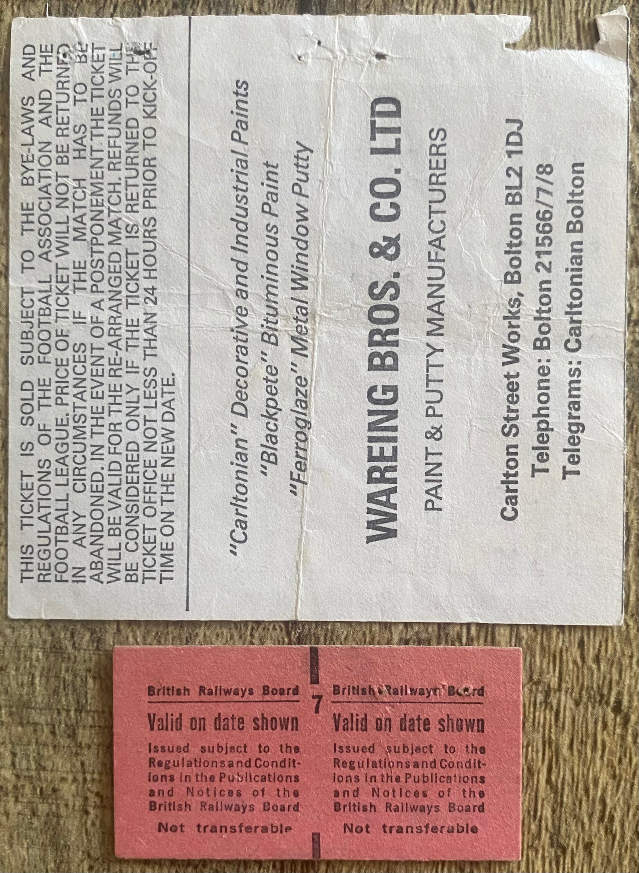 1979/80 ORIGINAL DIVISION ONE TICKET BOLTON WANDERERS V MANCHESTER CITY AND RAIL TICKET
