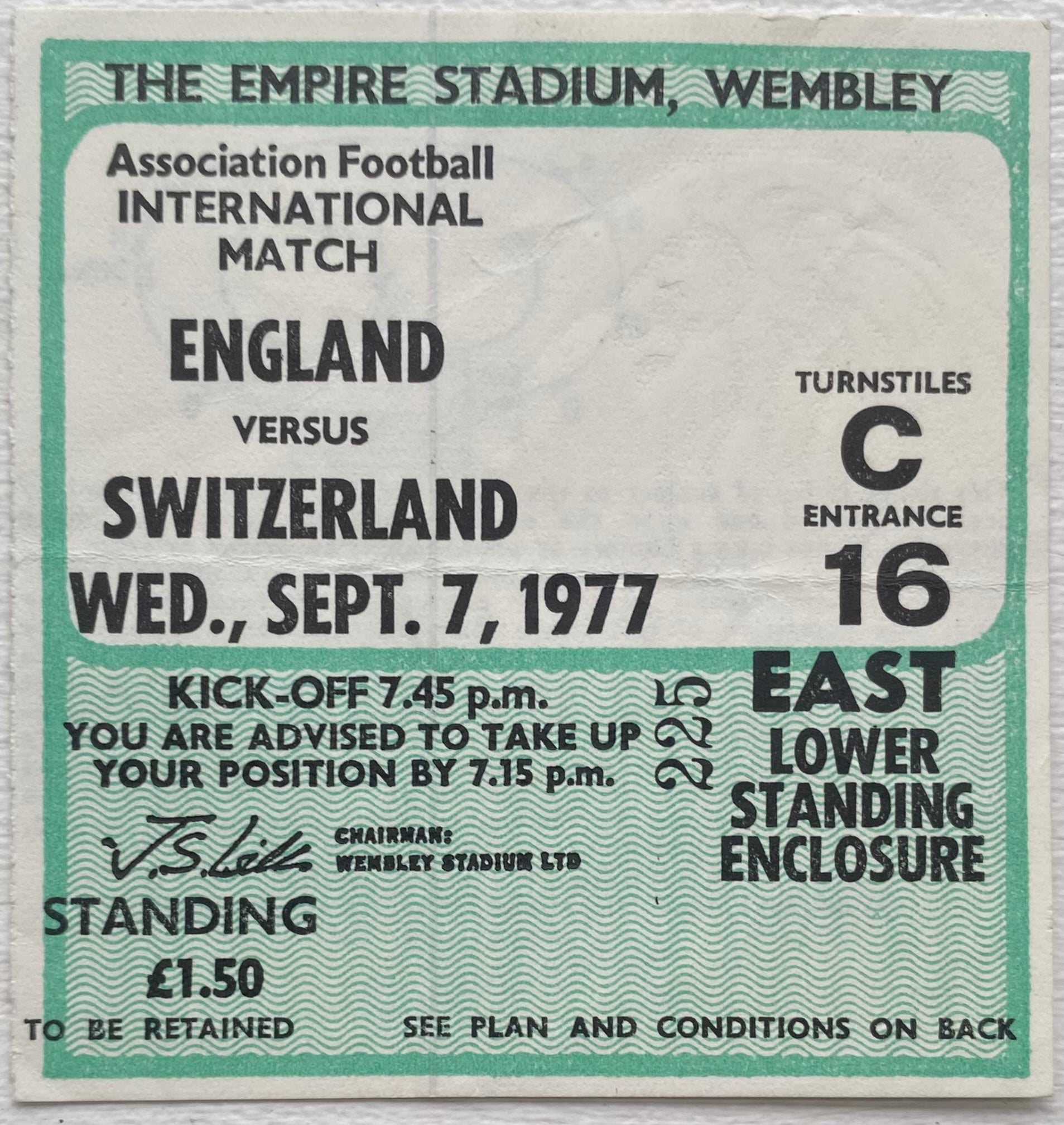1977 ORIGINAL INTERNATIONAL TICKET ENGLAND V SWITZERLAND
