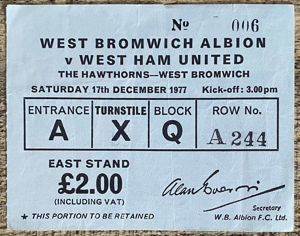 1977/78 ORIGINAL DIVISION 1 TICKET WEST BROMWICH ALBION V WEST HAM UNITED