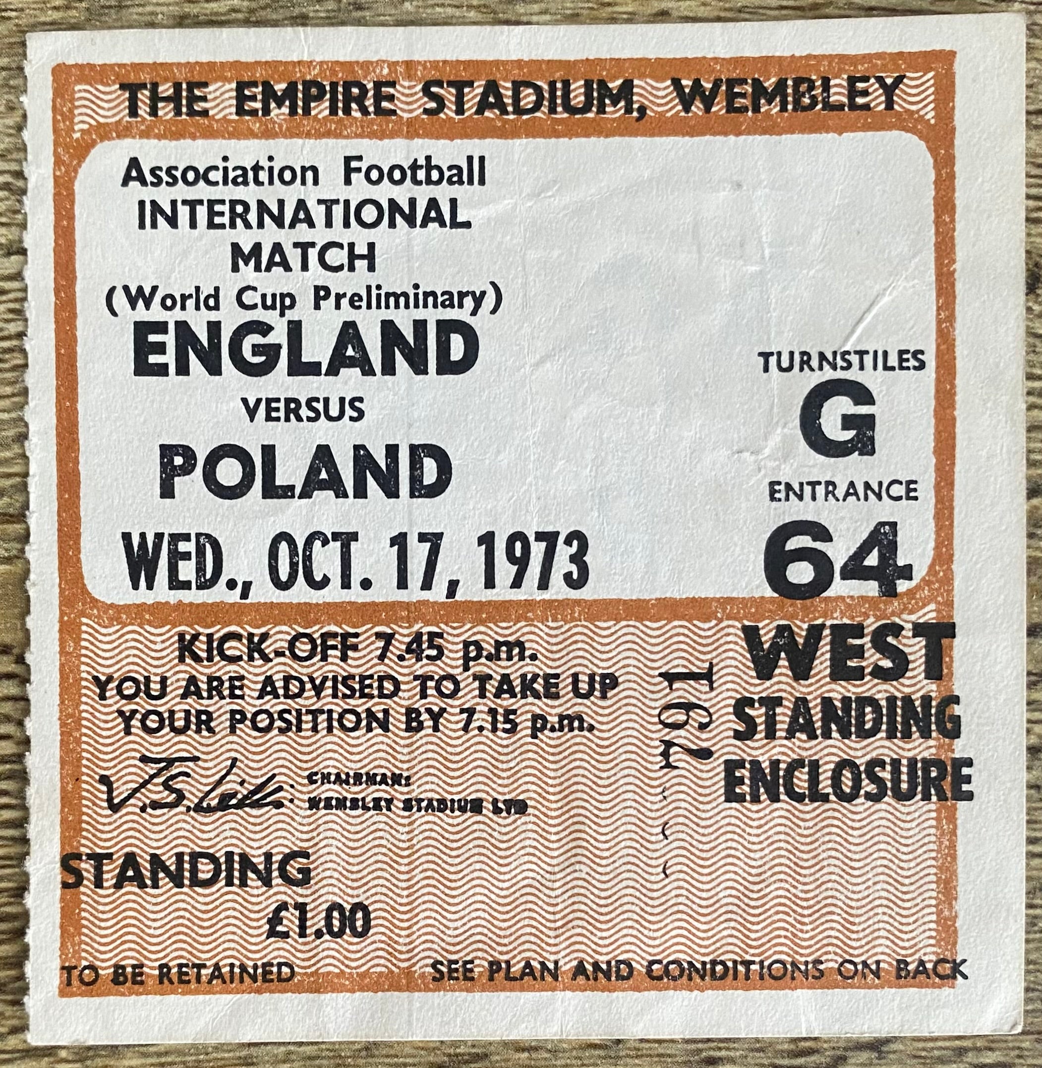 1973 ORIGINAL WORLD CUP QUALIFYING TICKET ENGLAND V POLAND