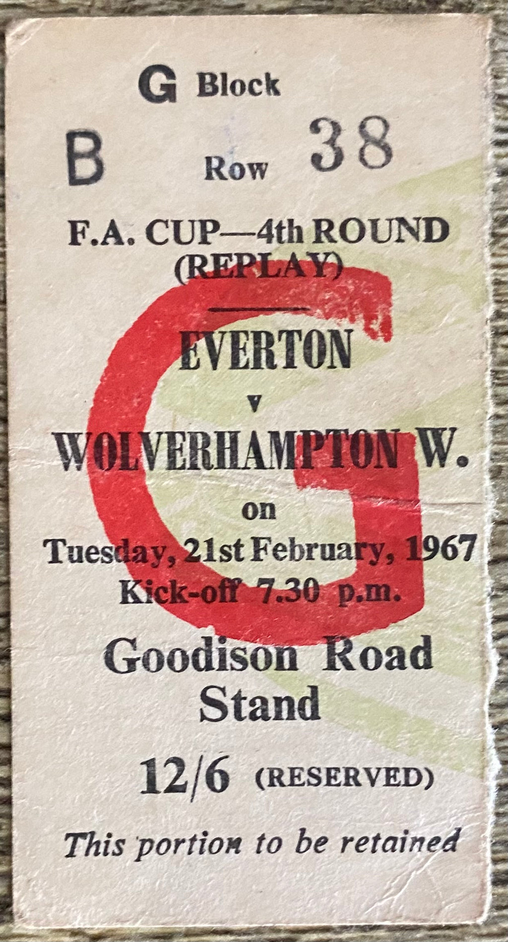 1966/67 ORIGINAL FA CUP 4TH ROUND REPLAY TICKET EVERTON V WOLVERHAMPTON WANDERERS