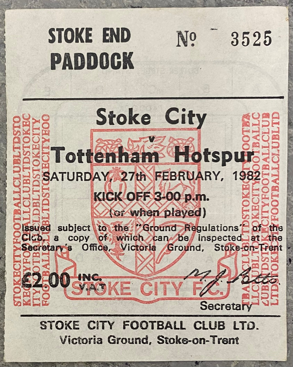 1981/82 ORIGINAL DIVISION 1 TICKET STOKE CITY V TOTTENHAM HOTSPUR