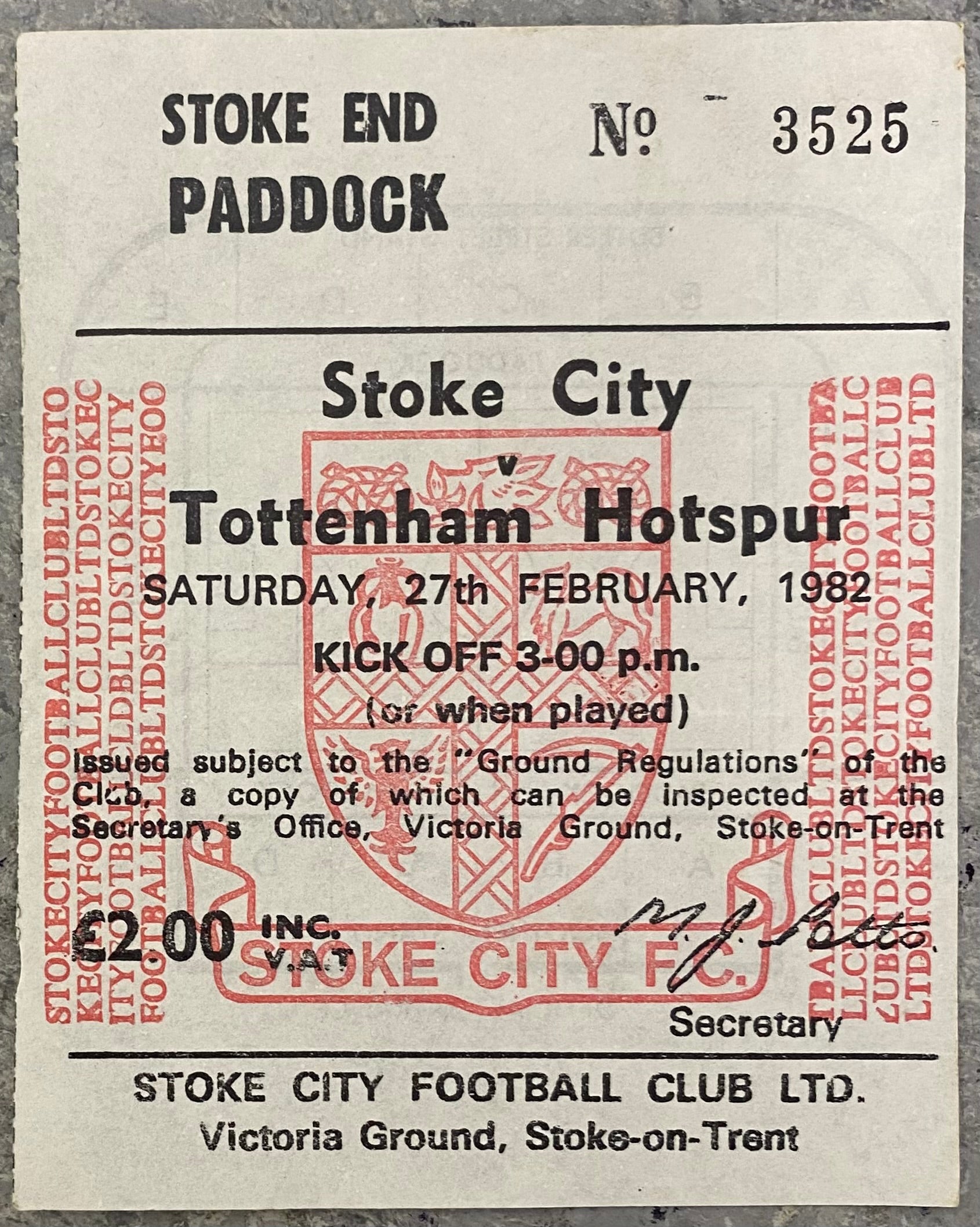 1981/82 ORIGINAL DIVISION 1 TICKET STOKE CITY V TOTTENHAM HOTSPUR