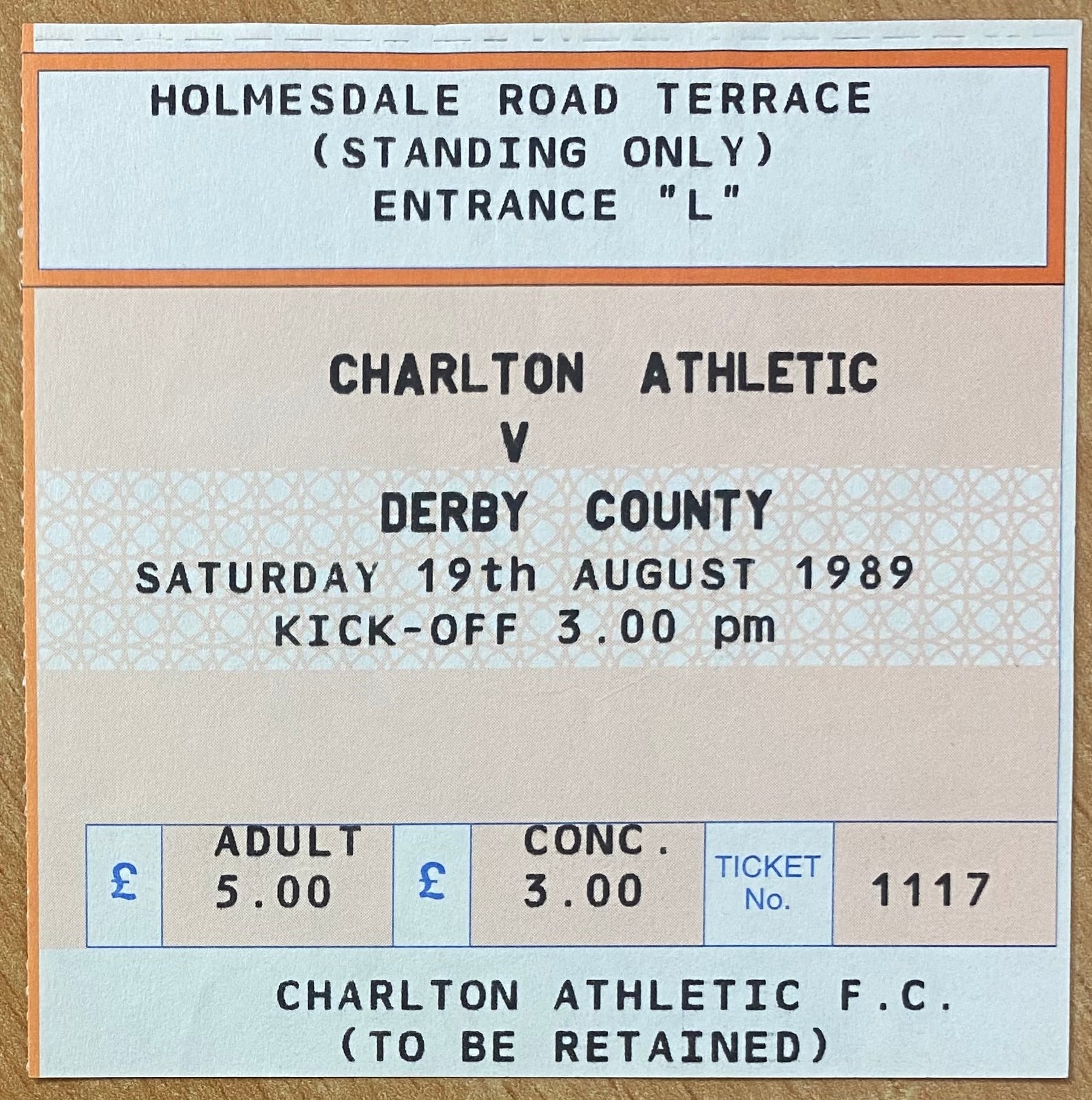1989/90 ORIGINAL DIVISION 1 TICKET CHARLTON ATHLETIC V DERBY COUNTY