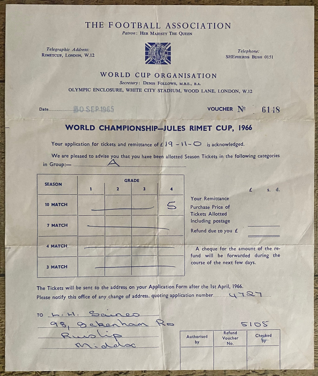 1966 WORLD CUP ORIGINAL OFFICIAL LETTER (TICKET SALES) FOR 10 MATCH TICKETS AT WEMBLEY & WHITE CITY