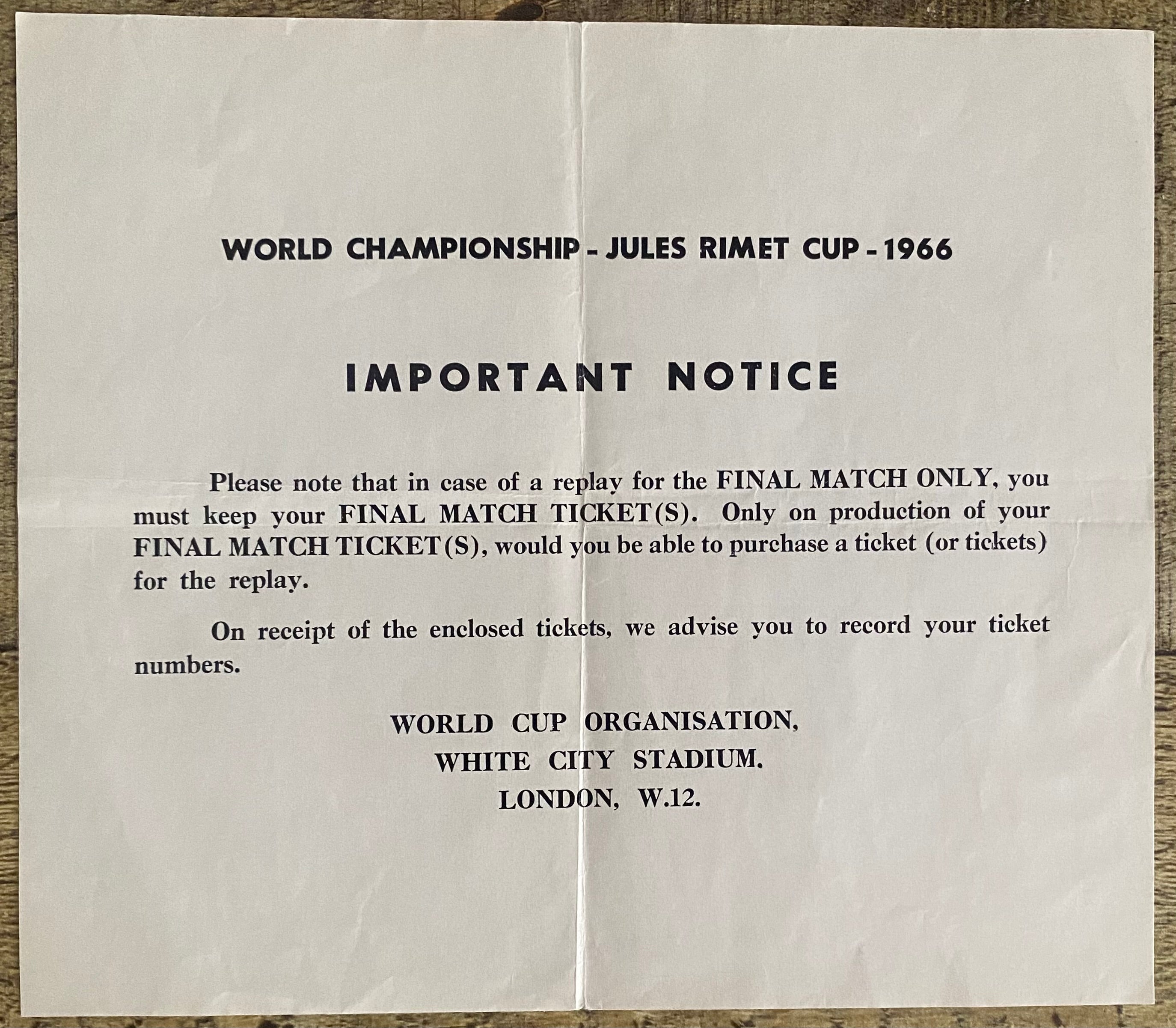1966 WORLD CUP ORIGINAL OFFICIAL INFORMATION SLIP FOR FINAL REPLAY TICKET