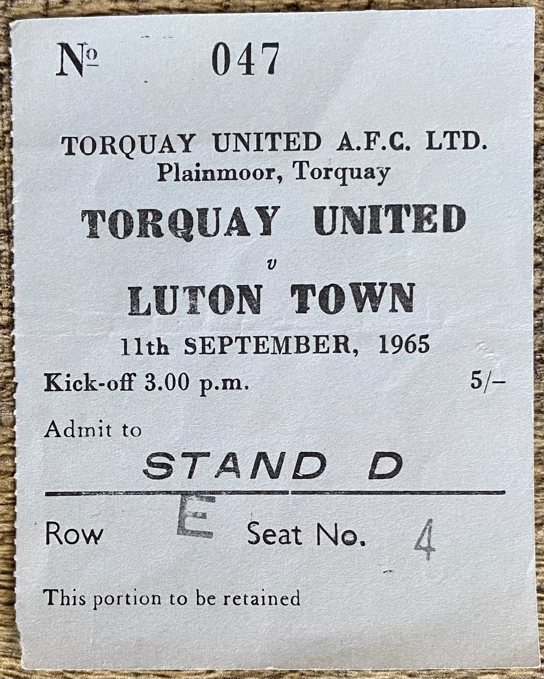 1965/66  ORIGINAL DIVISION 3 TICKET TORQUAY UNITED V LUTON TOWN
