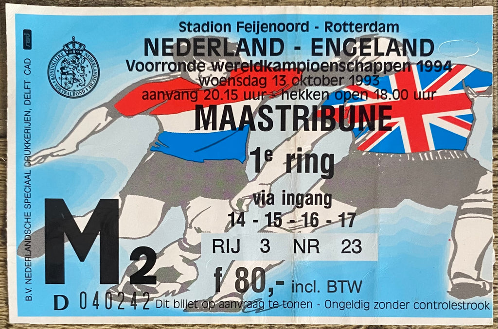 1993 ORIGINAL WORLD CUP QUALIFYING TICKET NETHERLANDS V ENGLAND