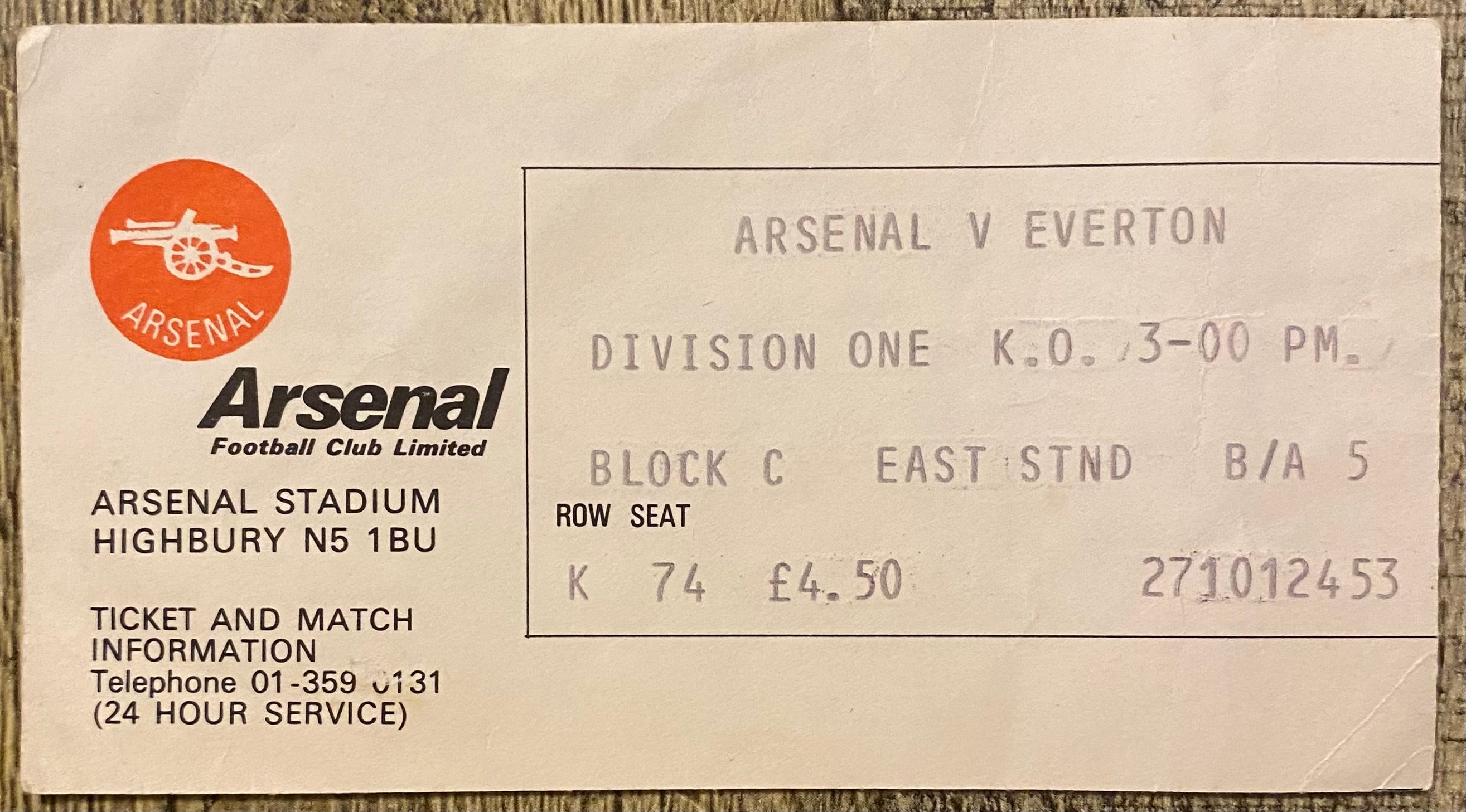 1979/80 ORIGINAL DIVISION ONE TICKET ARSENAL V EVERTON